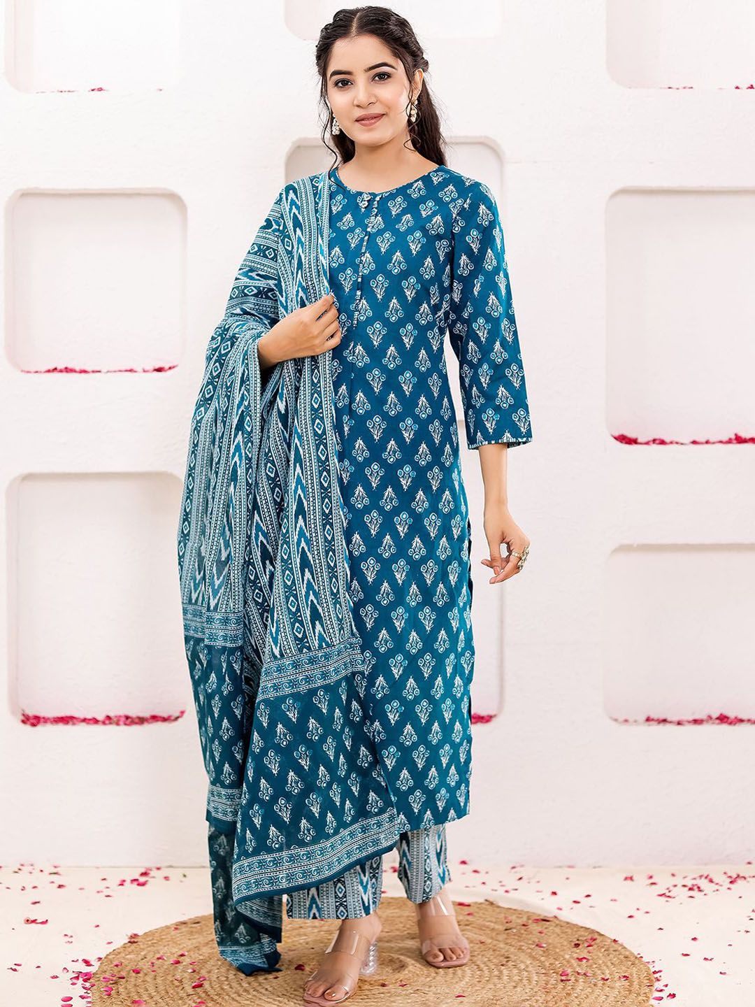 Women Floral Printed Pure Cotton Straight Kurta With Trousers & Dupatta Set