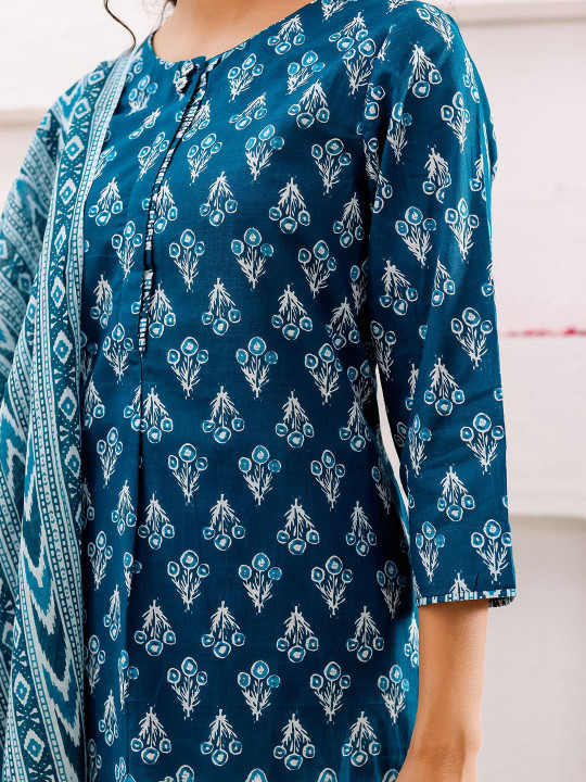 Women Floral Printed Pure Cotton Straight Kurta With Trousers & Dupatta Set