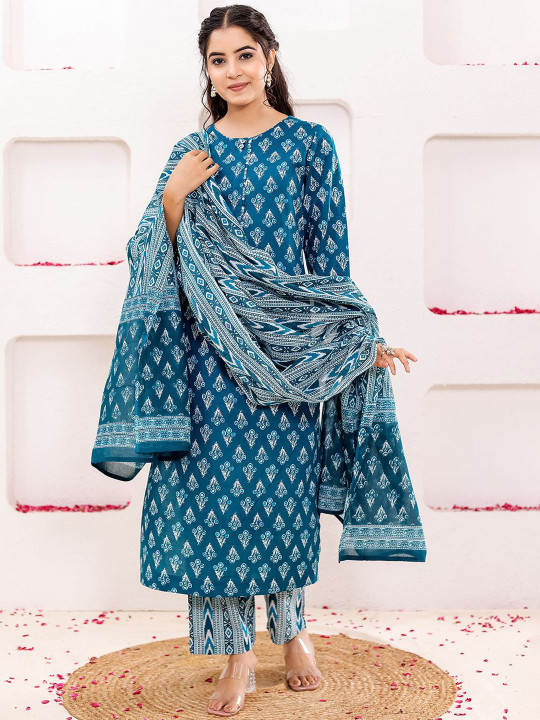Women Floral Printed Pure Cotton Straight Kurta With Trousers & Dupatta Set