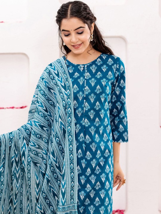 Women Floral Printed Pure Cotton Straight Kurta With Trousers & Dupatta Set