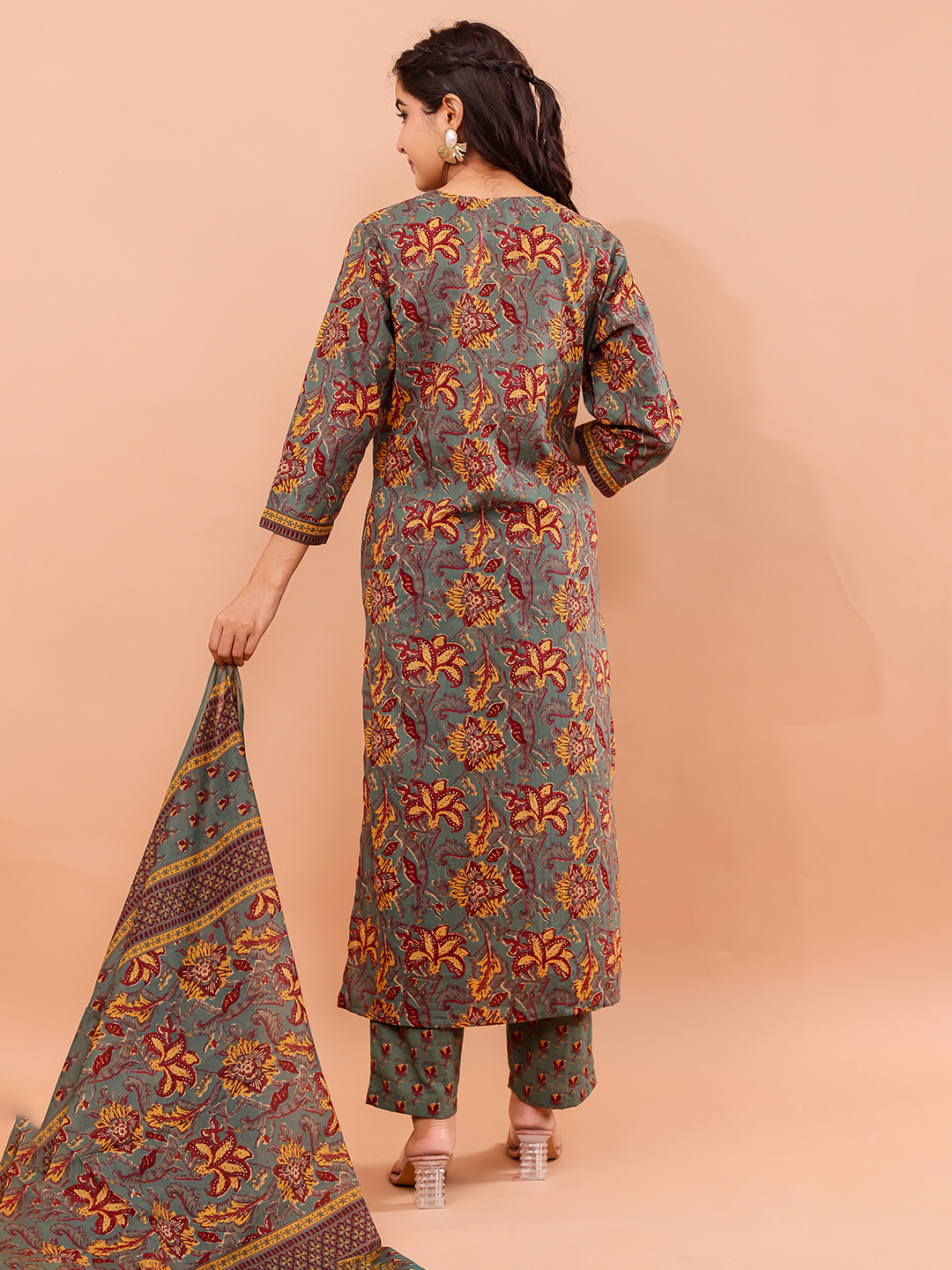 Cotton Printed Handwaork Kurta Pant With Dupatta Set Hover
