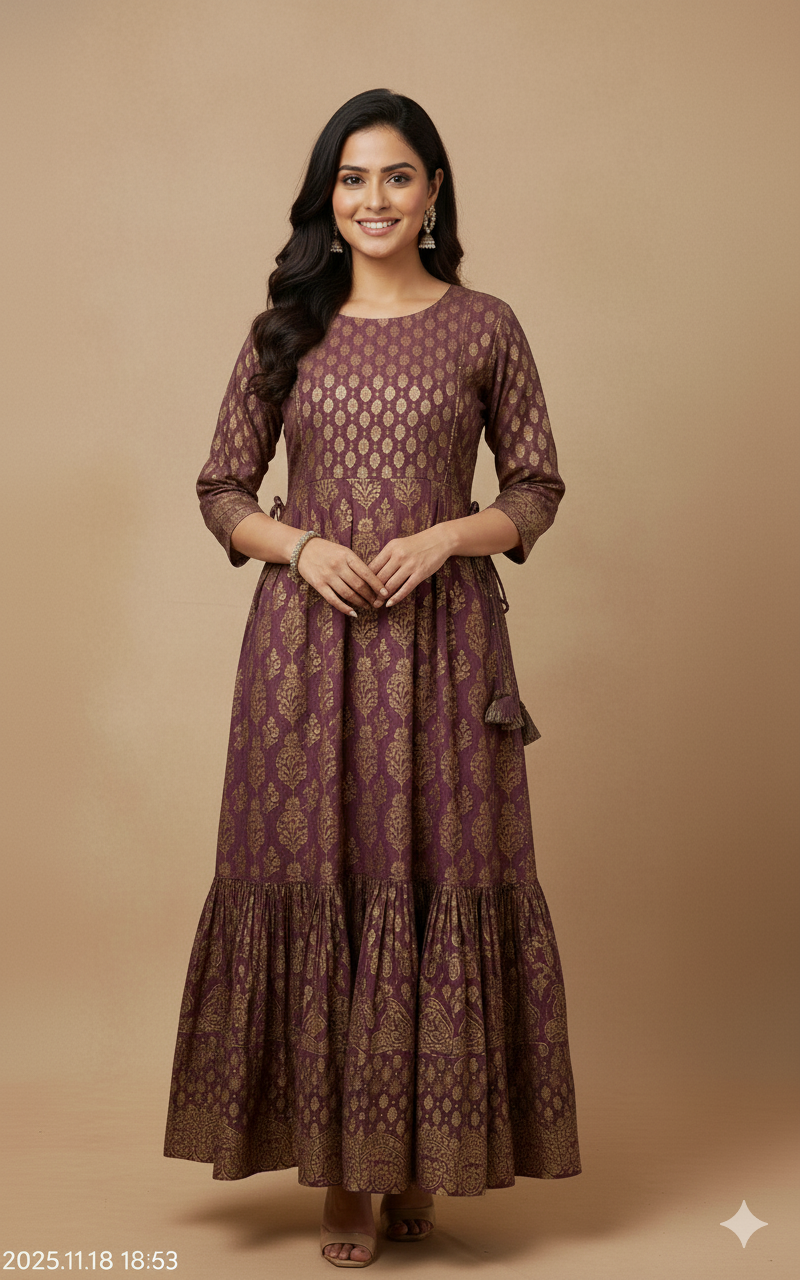 Women's Gold Printed Rayon Lace Work Dress