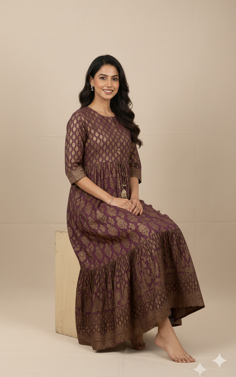 Women's Gold Printed Rayon Lace Work Dress