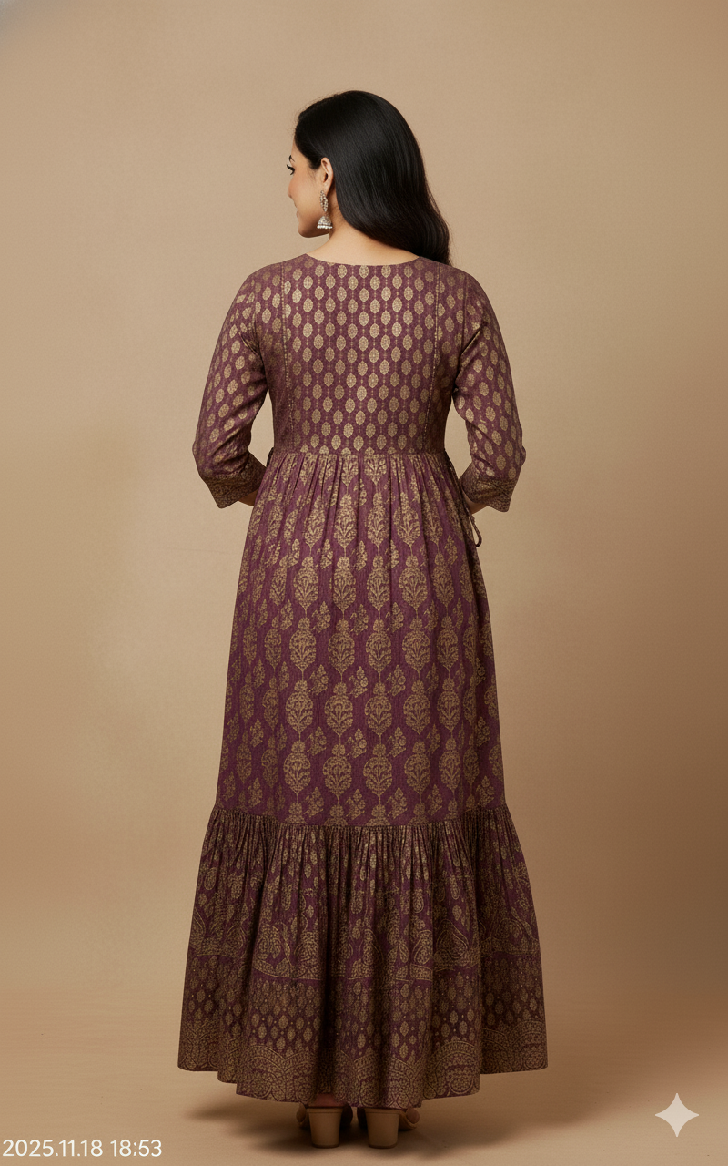 Women's Gold Printed Rayon Lace Work Dress Hover