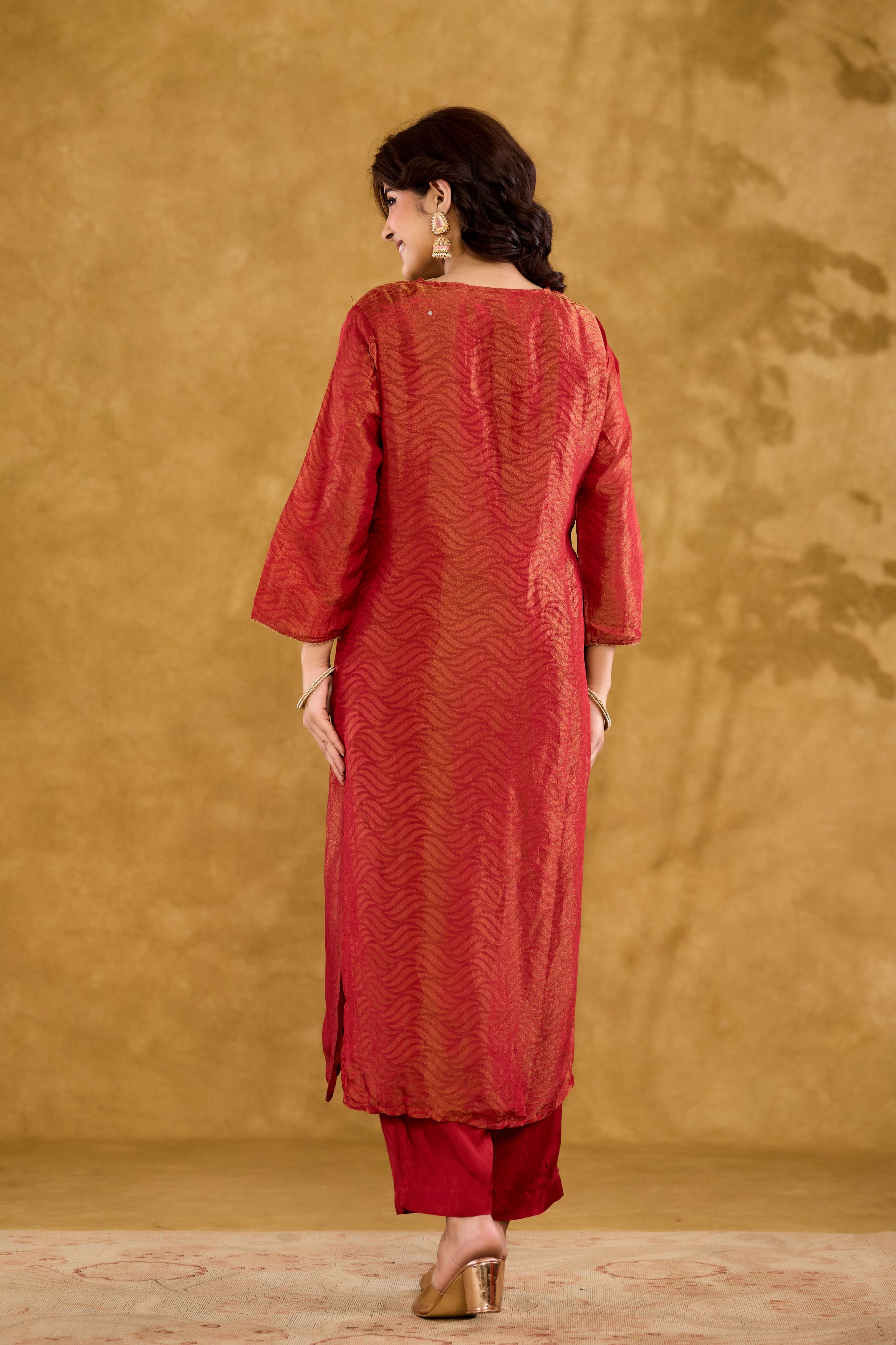 Jacquard Fabric Adda work With Round Neck Straight Kurta With Trousers & Dupatta Set