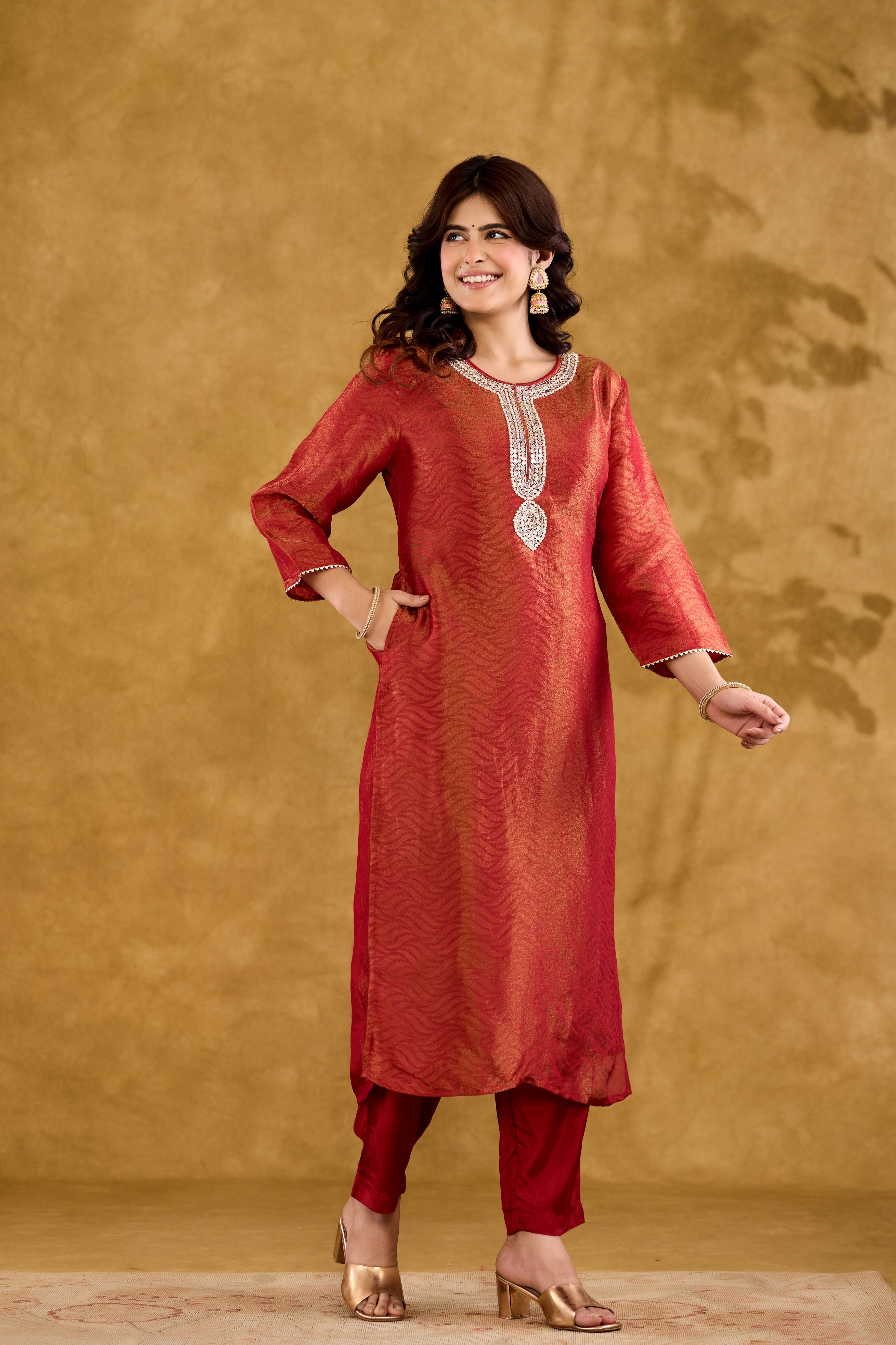 Jacquard Fabric Adda work With Round Neck Straight Kurta With Trousers & Dupatta Set Hover