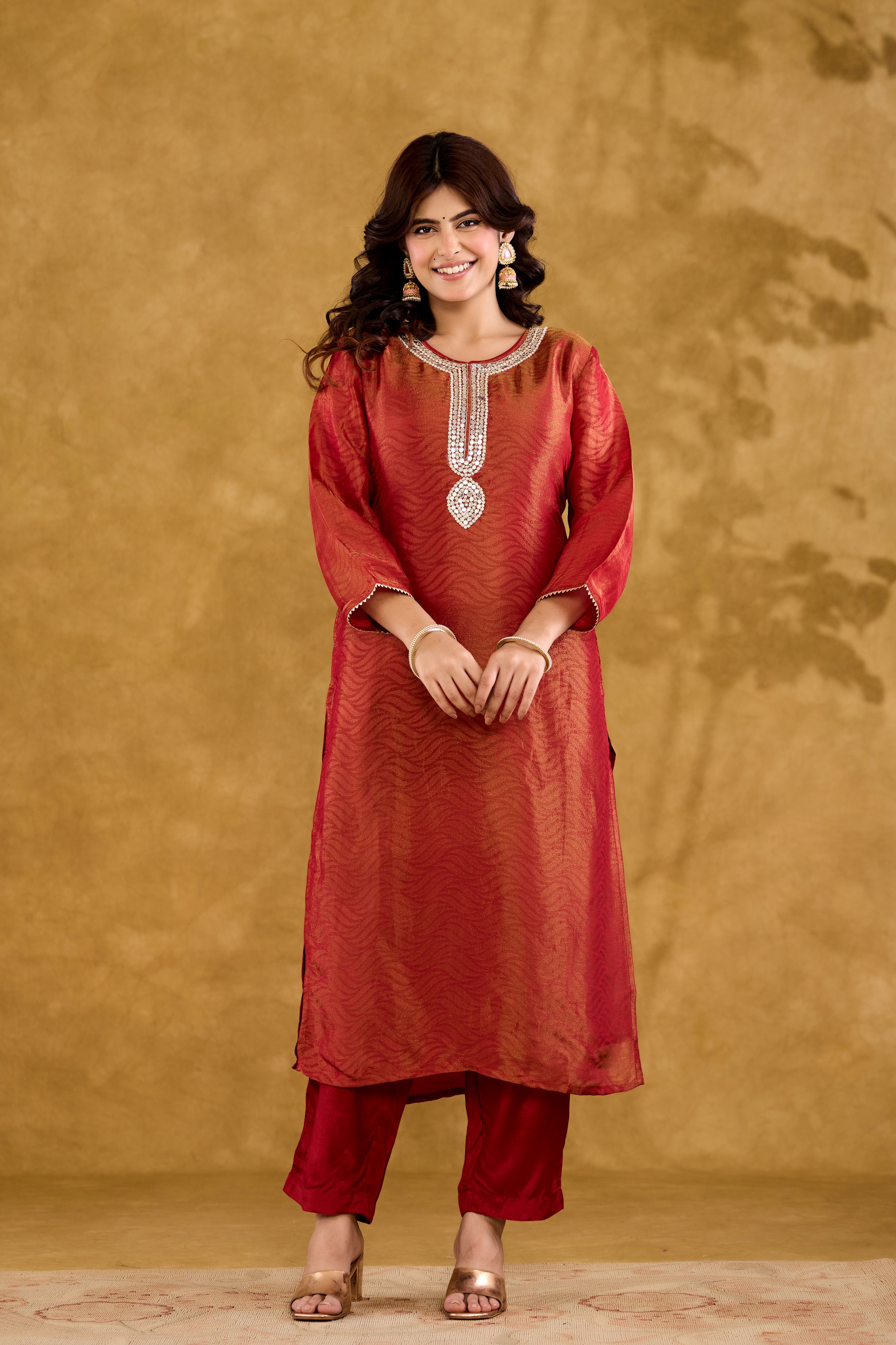 Jacquard Fabric Adda work With Round Neck Straight Kurta With Trousers & Dupatta Set
