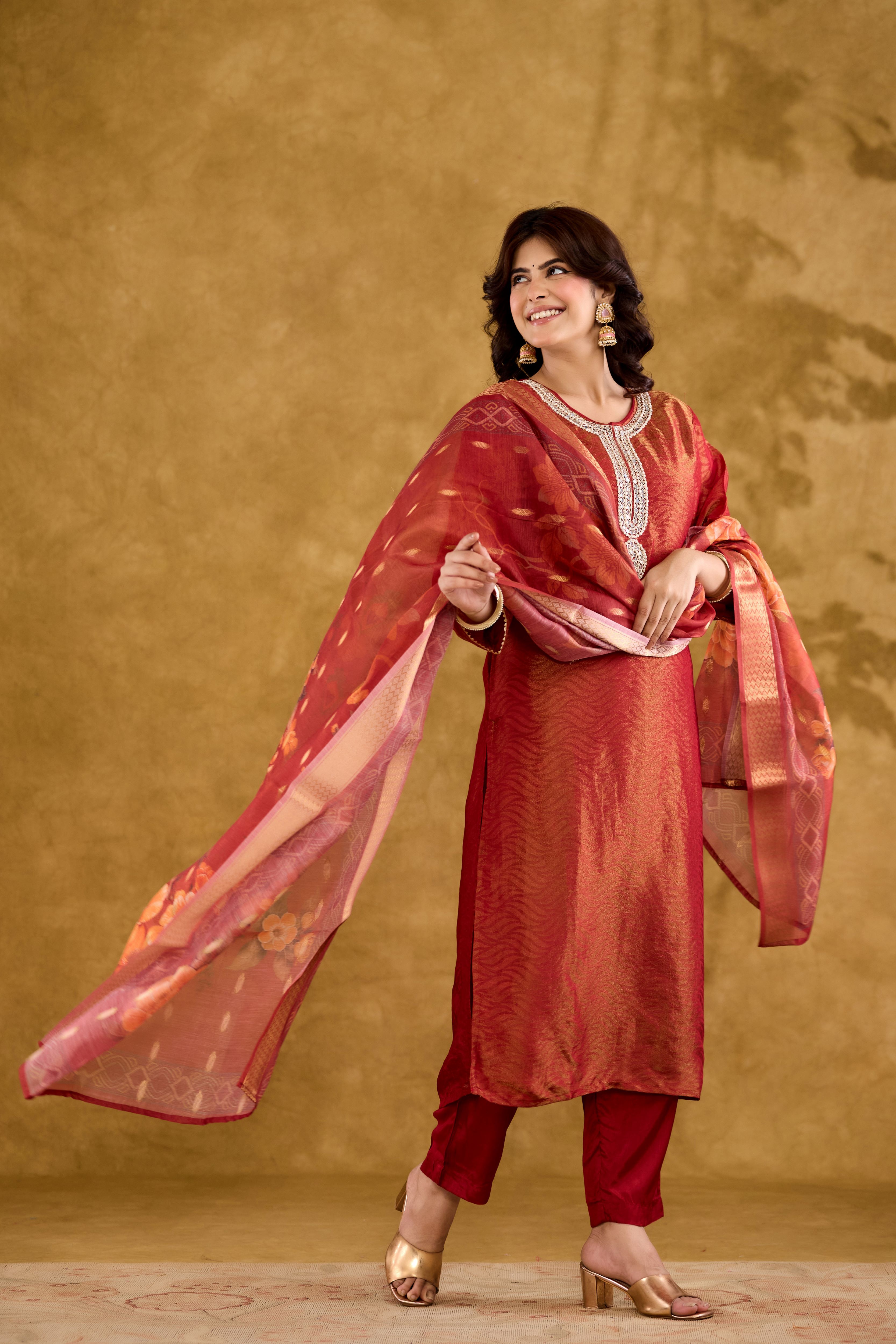 Jacquard Fabric Adda work With Round Neck Straight Kurta With Trousers & Dupatta Set