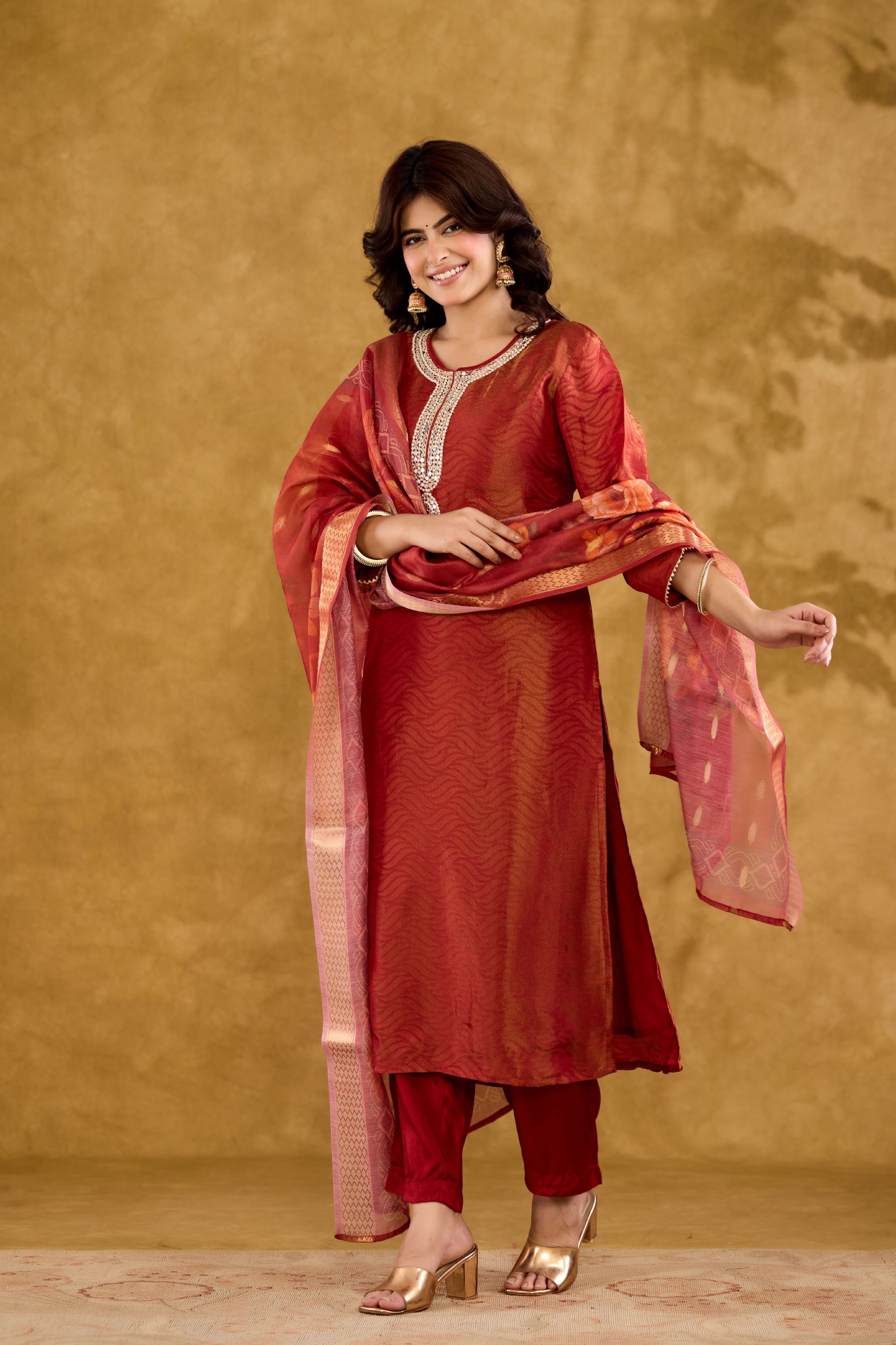 Jacquard Fabric Adda work With Round Neck Straight Kurta With Trousers & Dupatta Set