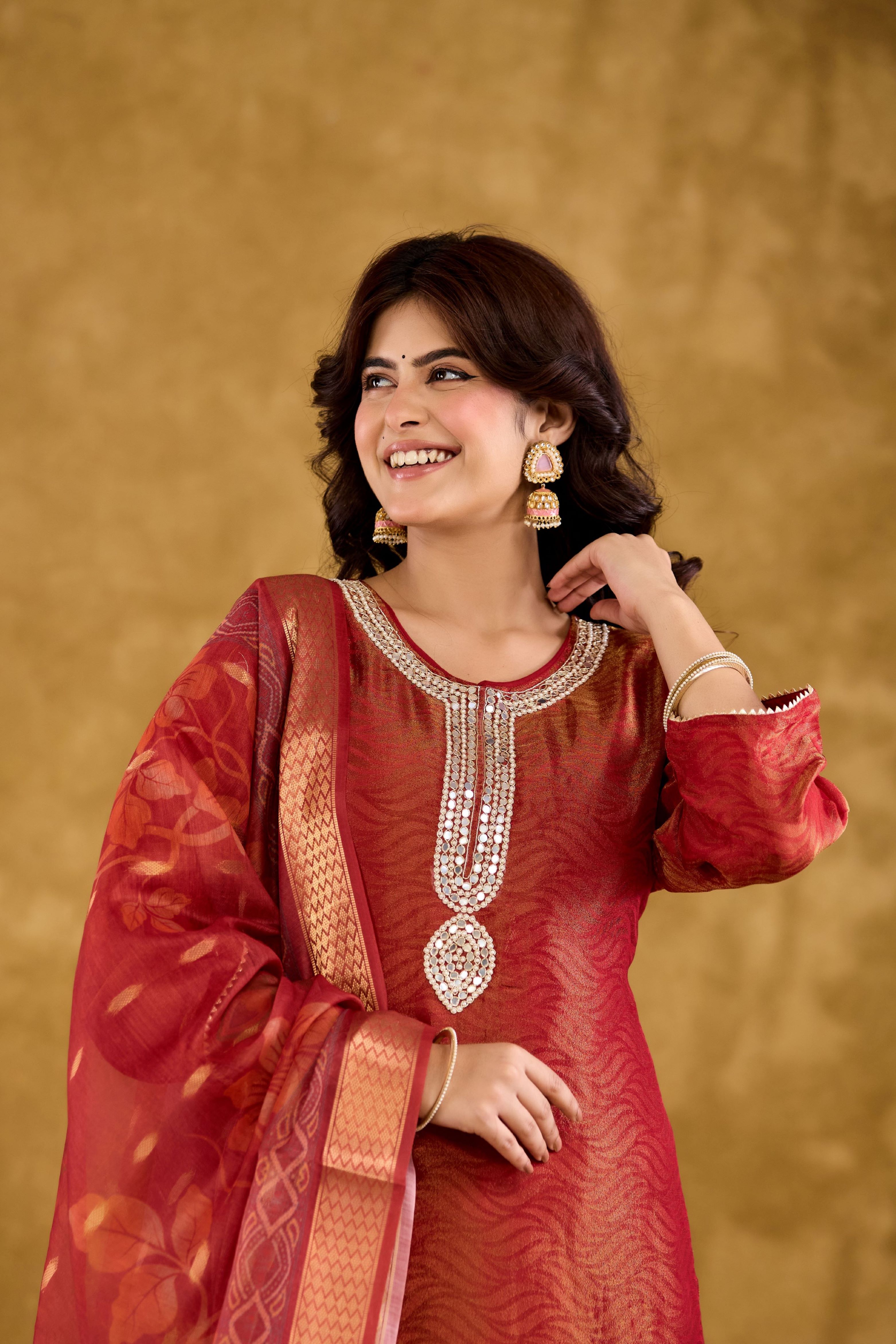 Jacquard Fabric Adda work With Round Neck Straight Kurta With Trousers & Dupatta Set