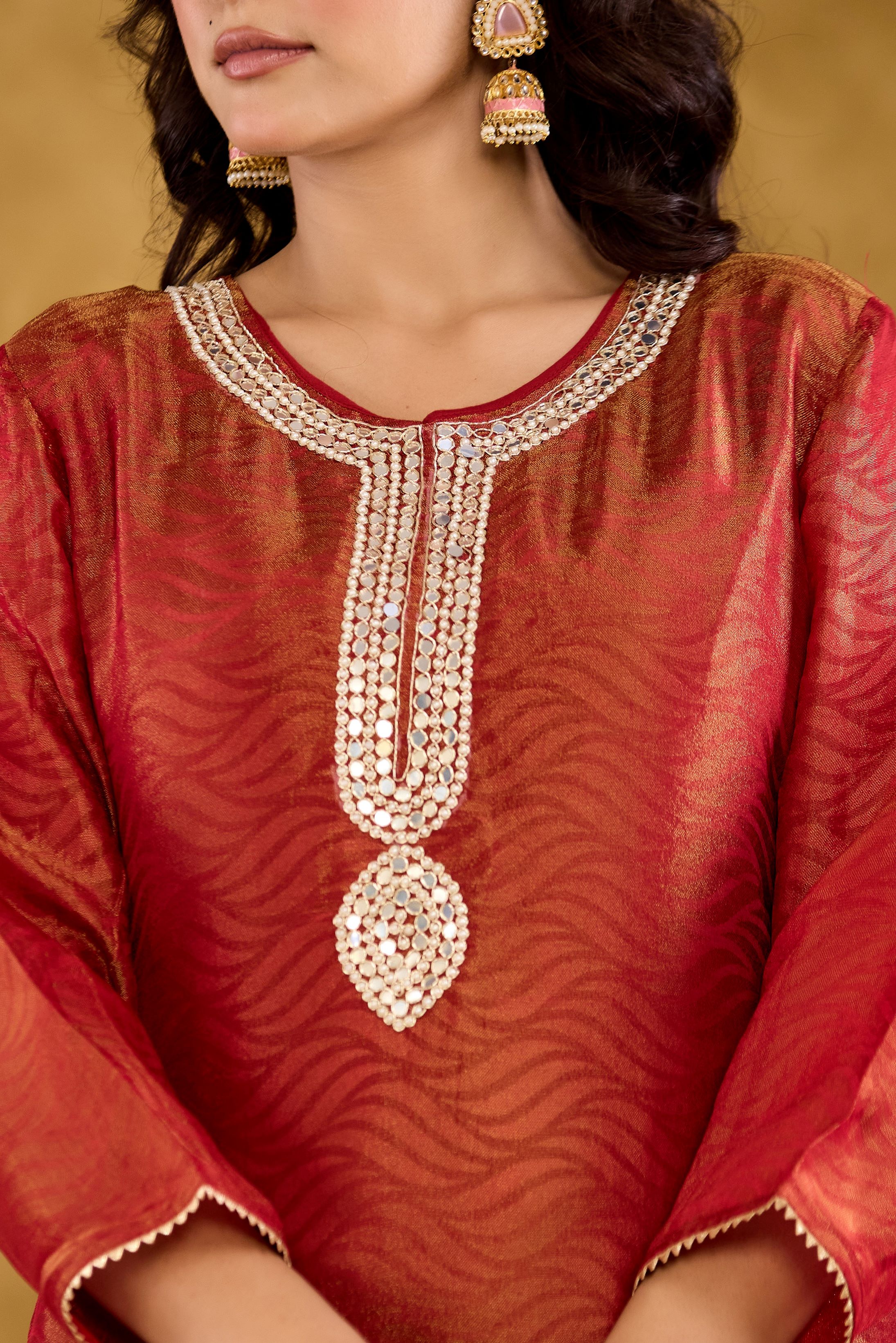 Jacquard Fabric Adda work With Round Neck Straight Kurta With Trousers & Dupatta Set