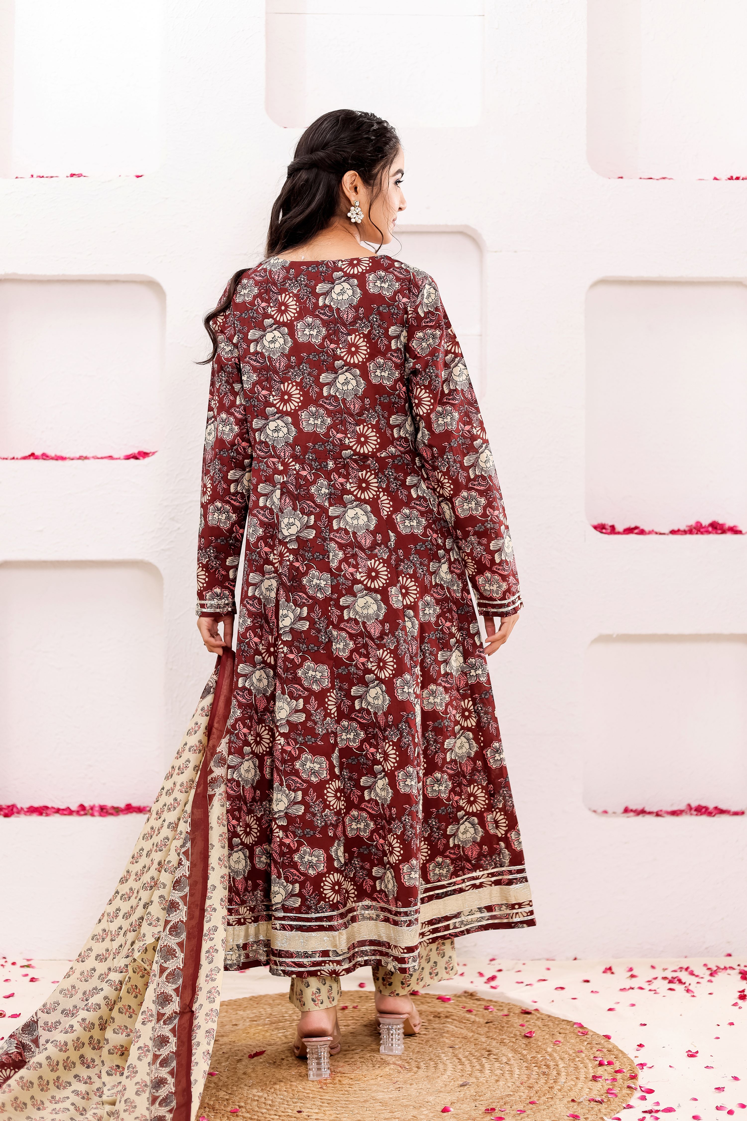 Pure Cotton Floral Printed Anarkali Kurta With Trousers & Dupatta