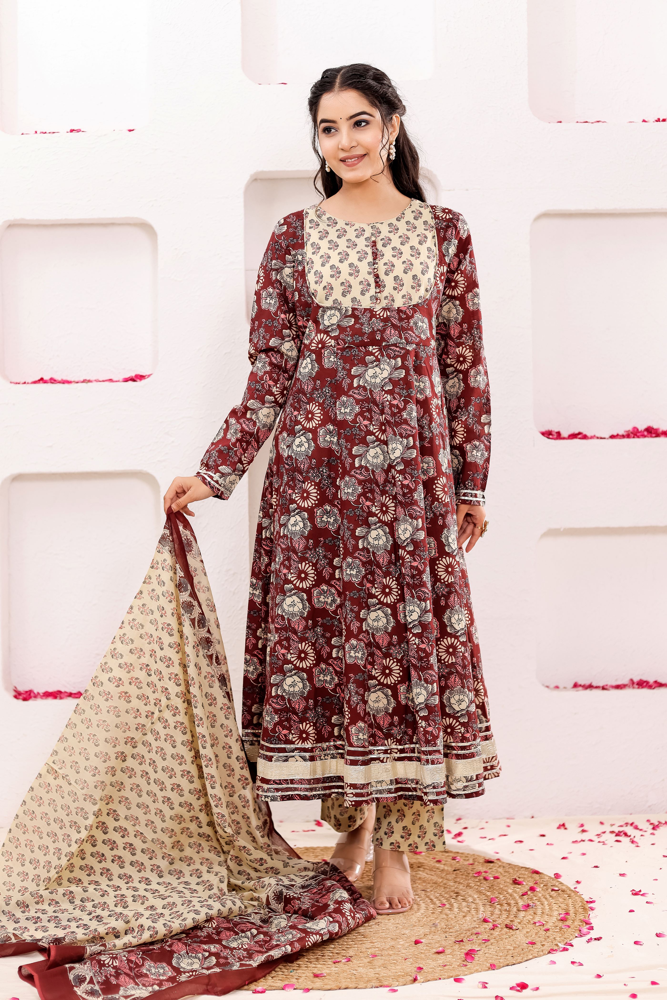 Pure Cotton Floral Printed Anarkali Kurta With Trousers & Dupatta