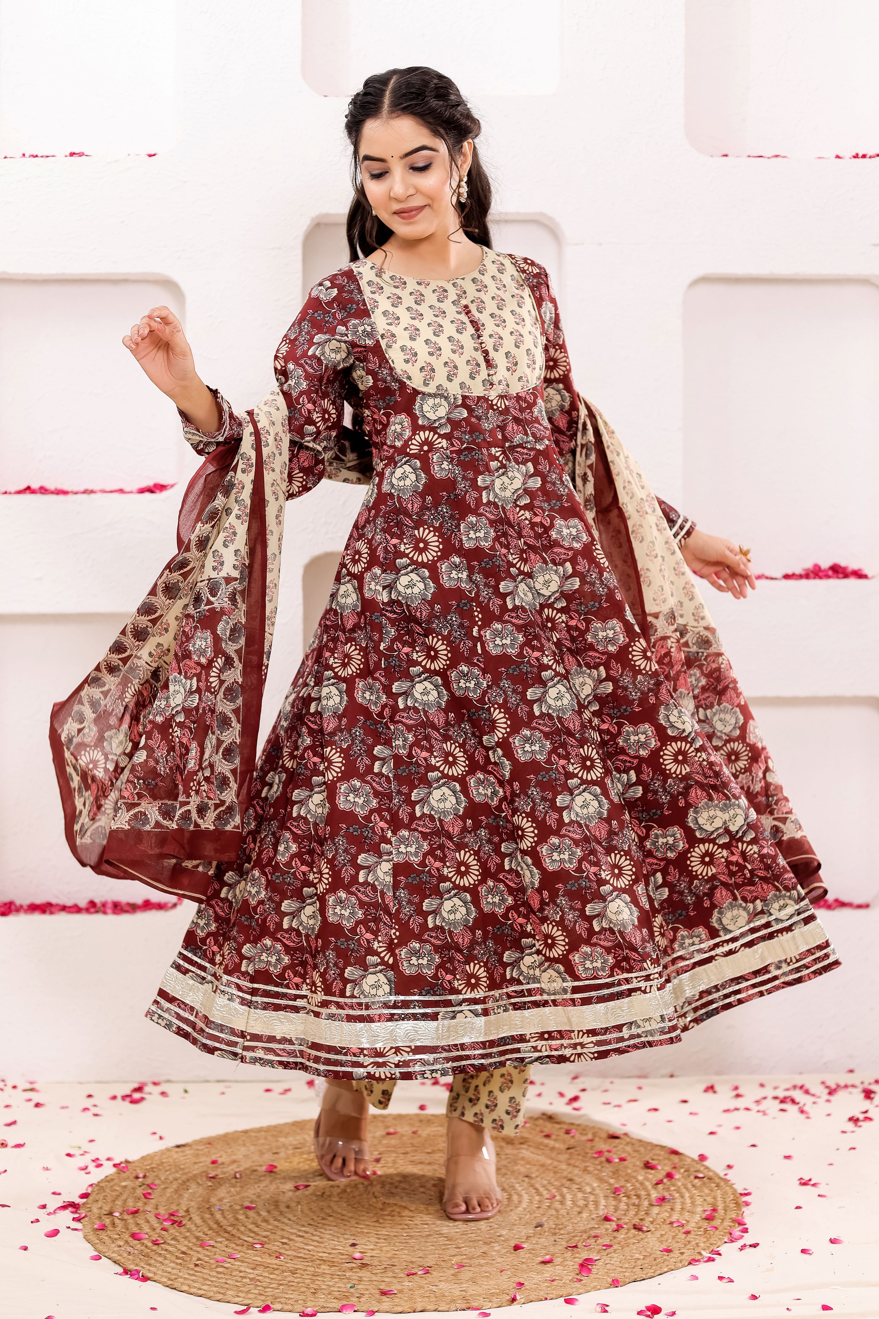 Pure Cotton Floral Printed Anarkali Kurta With Trousers & Dupatta