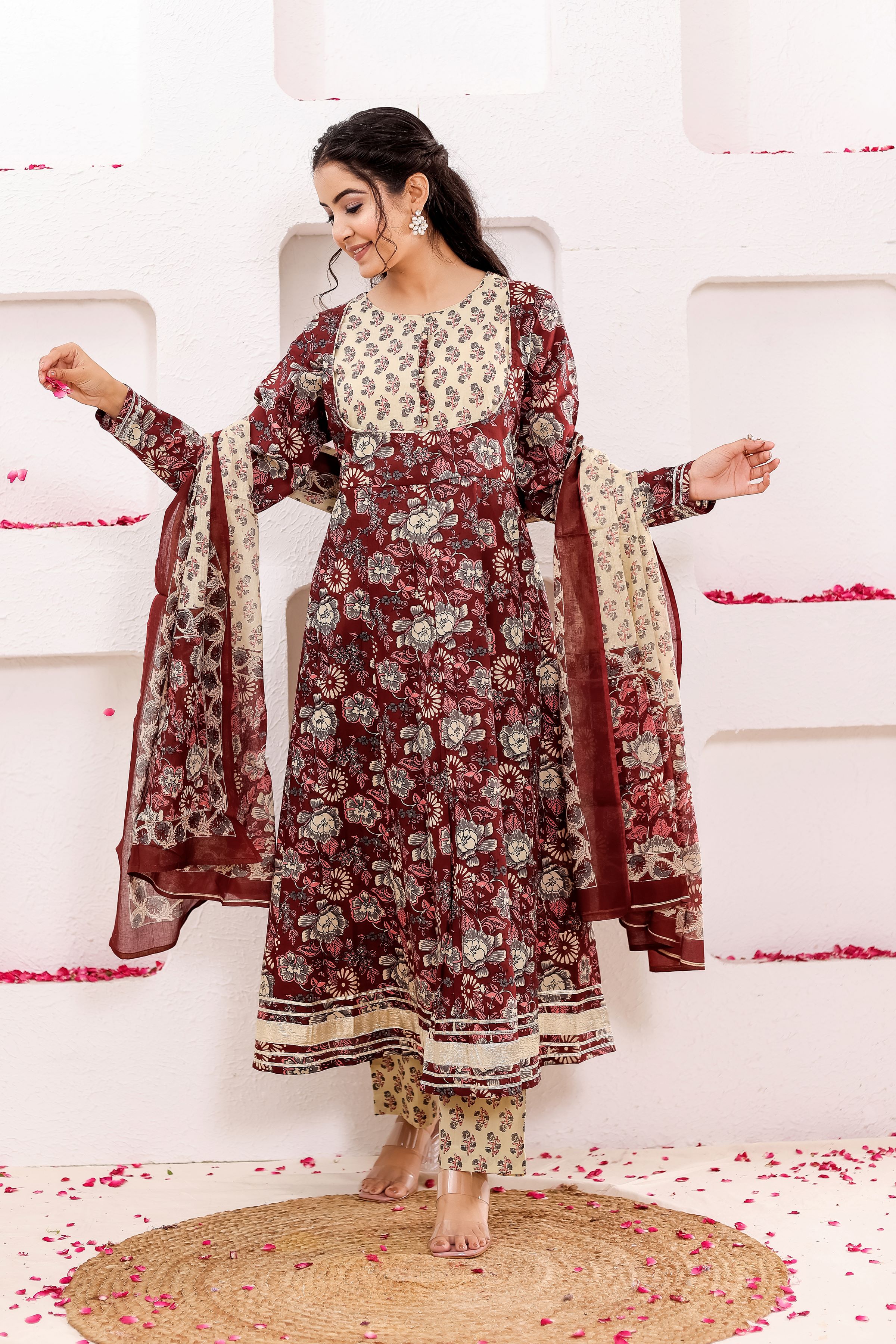 Pure Cotton Floral Printed Anarkali Kurta With Trousers & Dupatta