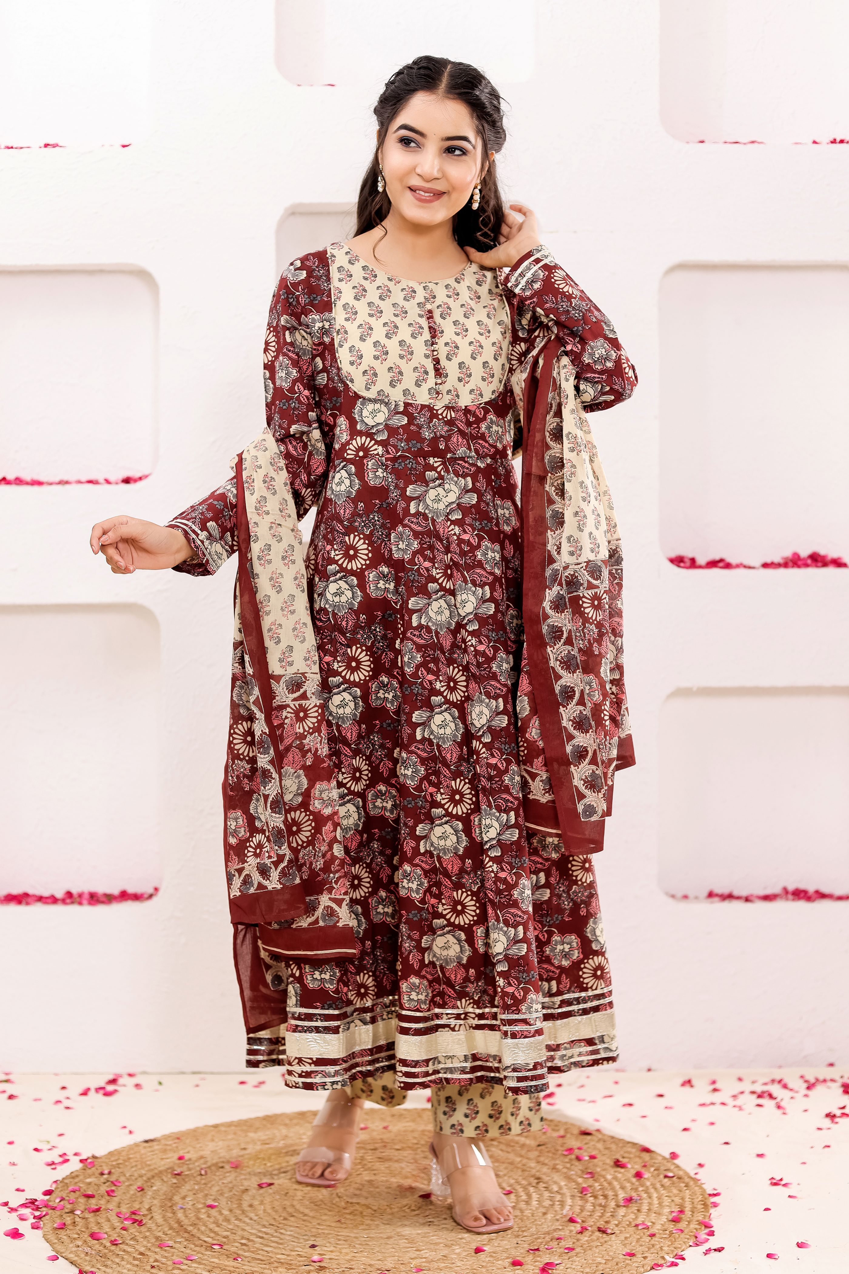 Pure Cotton Floral Printed Anarkali Kurta With Trousers & Dupatta