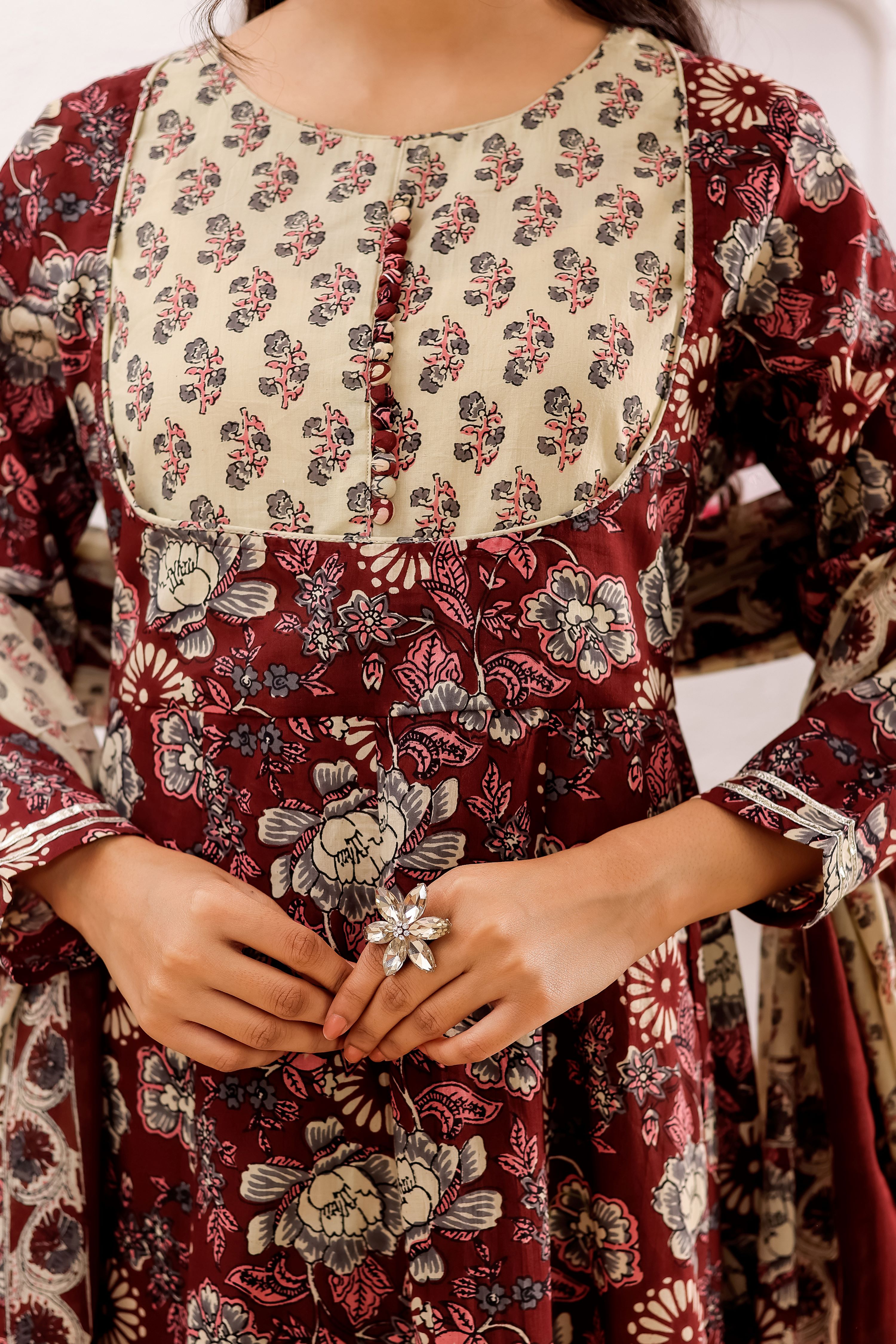 Pure Cotton Floral Printed Anarkali Kurta With Trousers & Dupatta Hover