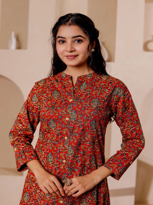 Paisely Printed Mandarin Collar Kalamkari Cotton A-Line Kurta