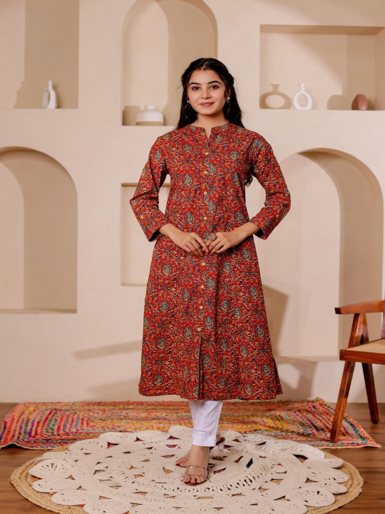 Paisely Printed Mandarin Collar Kalamkari Cotton A-Line Kurta