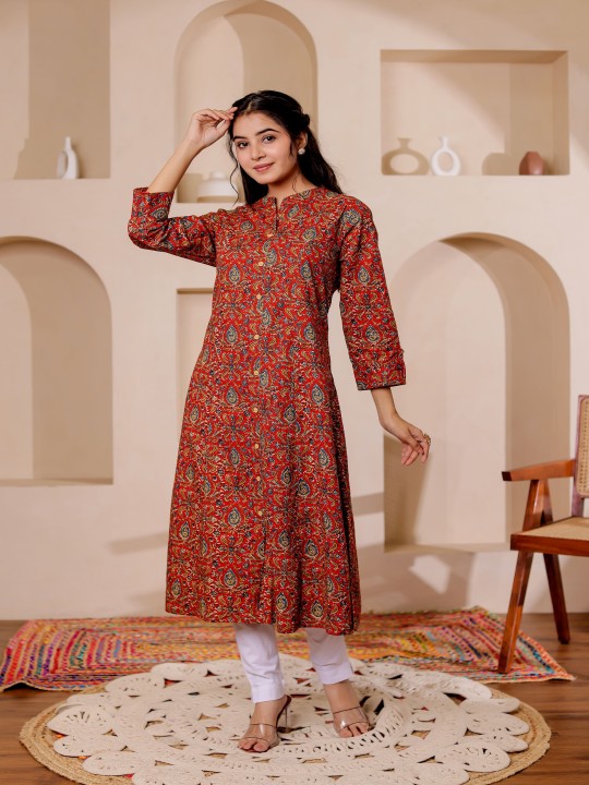 Paisely Printed Mandarin Collar Kalamkari Cotton A-Line Kurta