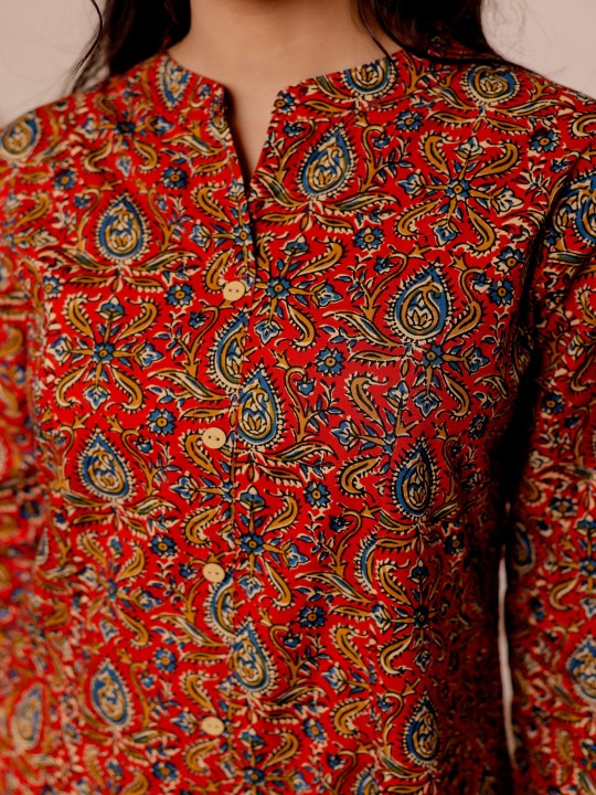Paisely Printed Mandarin Collar Kalamkari Cotton A-Line Kurta