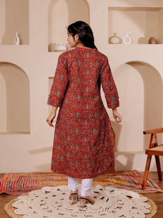Paisely Printed Mandarin Collar Kalamkari Cotton A-Line Kurta