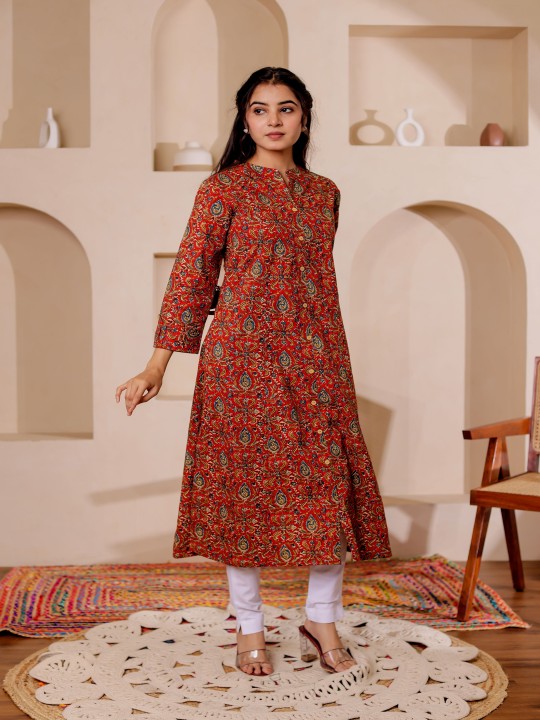 Paisely Printed Mandarin Collar Kalamkari Cotton A-Line Kurta