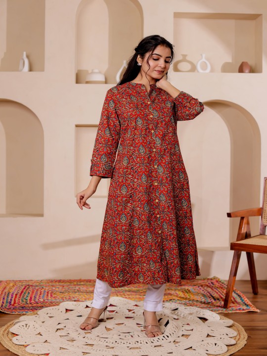 Paisely Printed Mandarin Collar Kalamkari Cotton A-Line Kurta