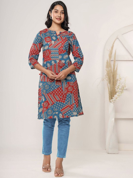 Floral Printed Notch Neck Cotton Straight Kurta