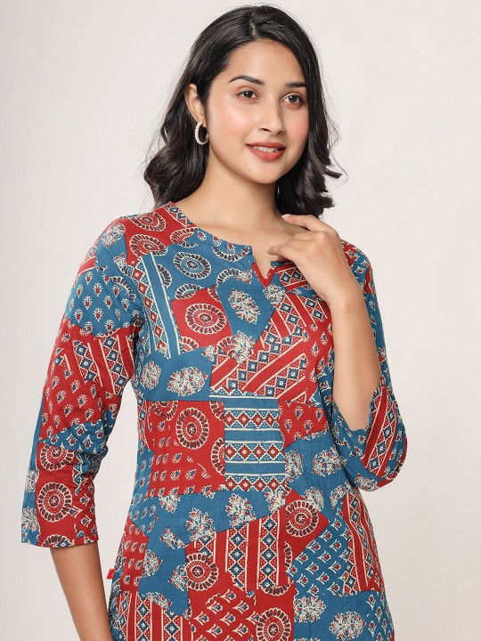 Floral Printed Notch Neck Cotton Straight Kurta