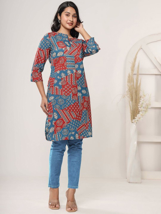 Floral Printed Notch Neck Cotton Straight Kurta