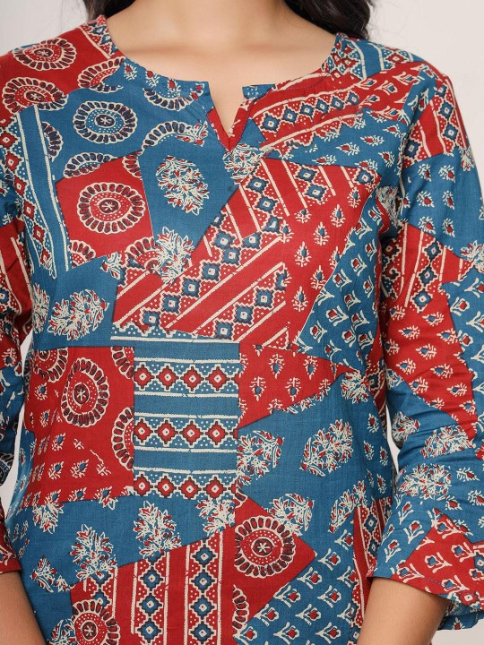 Floral Printed Notch Neck Cotton Straight Kurta