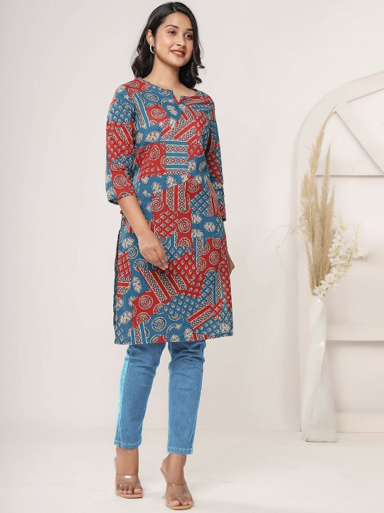 Floral Printed Notch Neck Cotton Straight Kurta