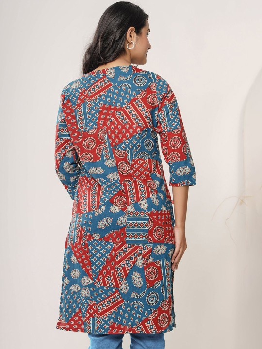 Floral Printed Notch Neck Cotton Straight Kurta Hover