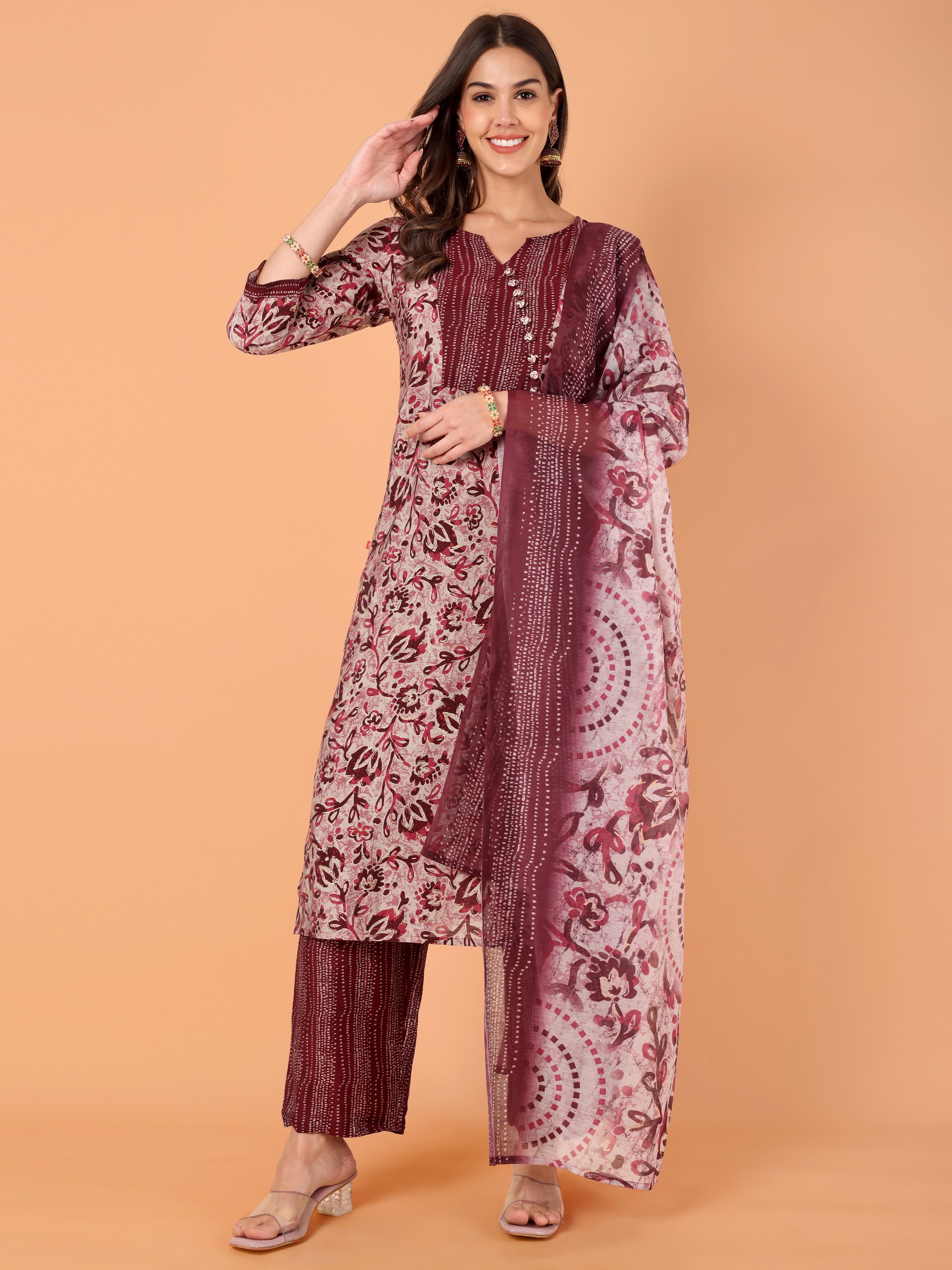 Women Printed Modal Chanderi Kurta Pant With Dupatta Set
