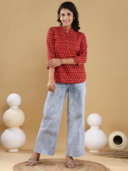 Cotton Printed Mandarin Collar Short Top