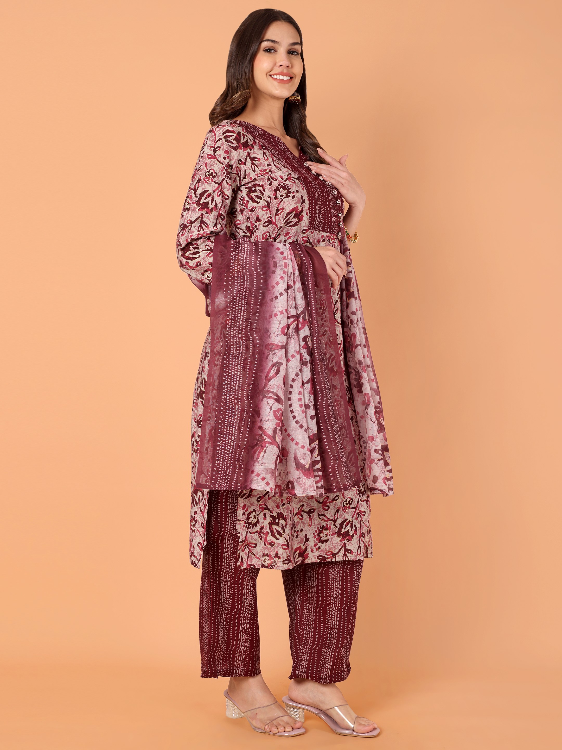 Women Printed Modal Chanderi Kurta Pant With Dupatta Set