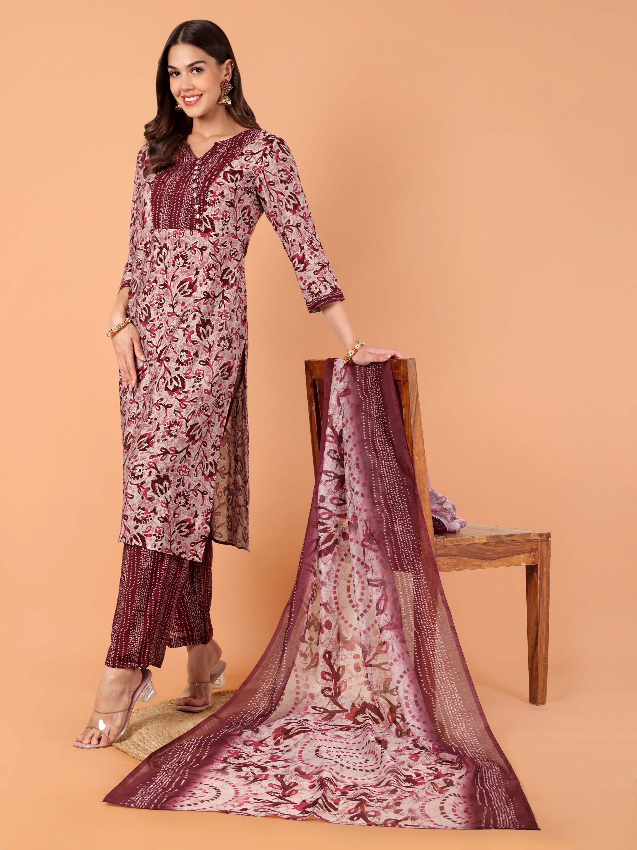 Women Printed Modal Chanderi Kurta Pant With Dupatta Set