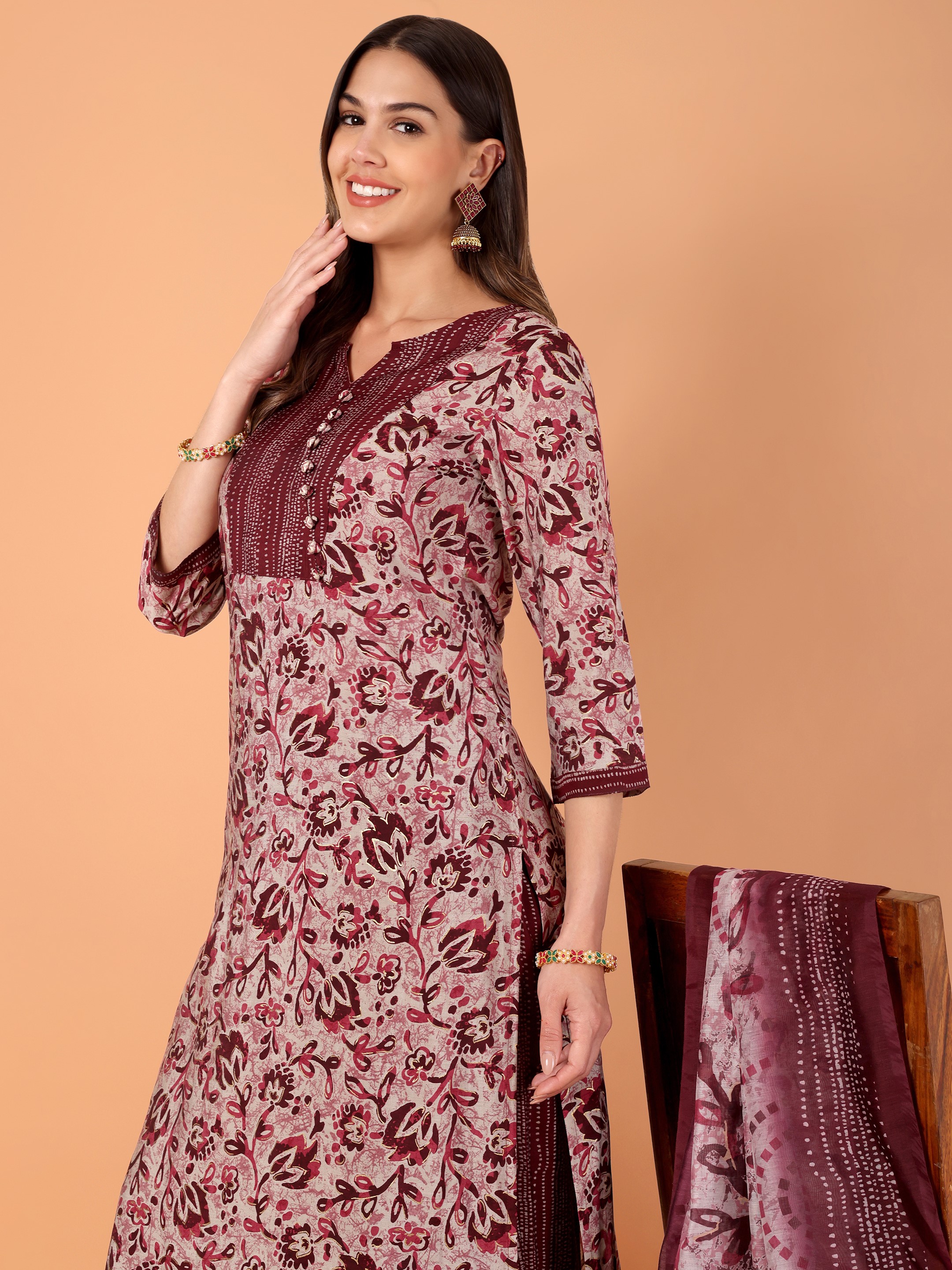 Women Printed Modal Chanderi Kurta Pant With Dupatta Set