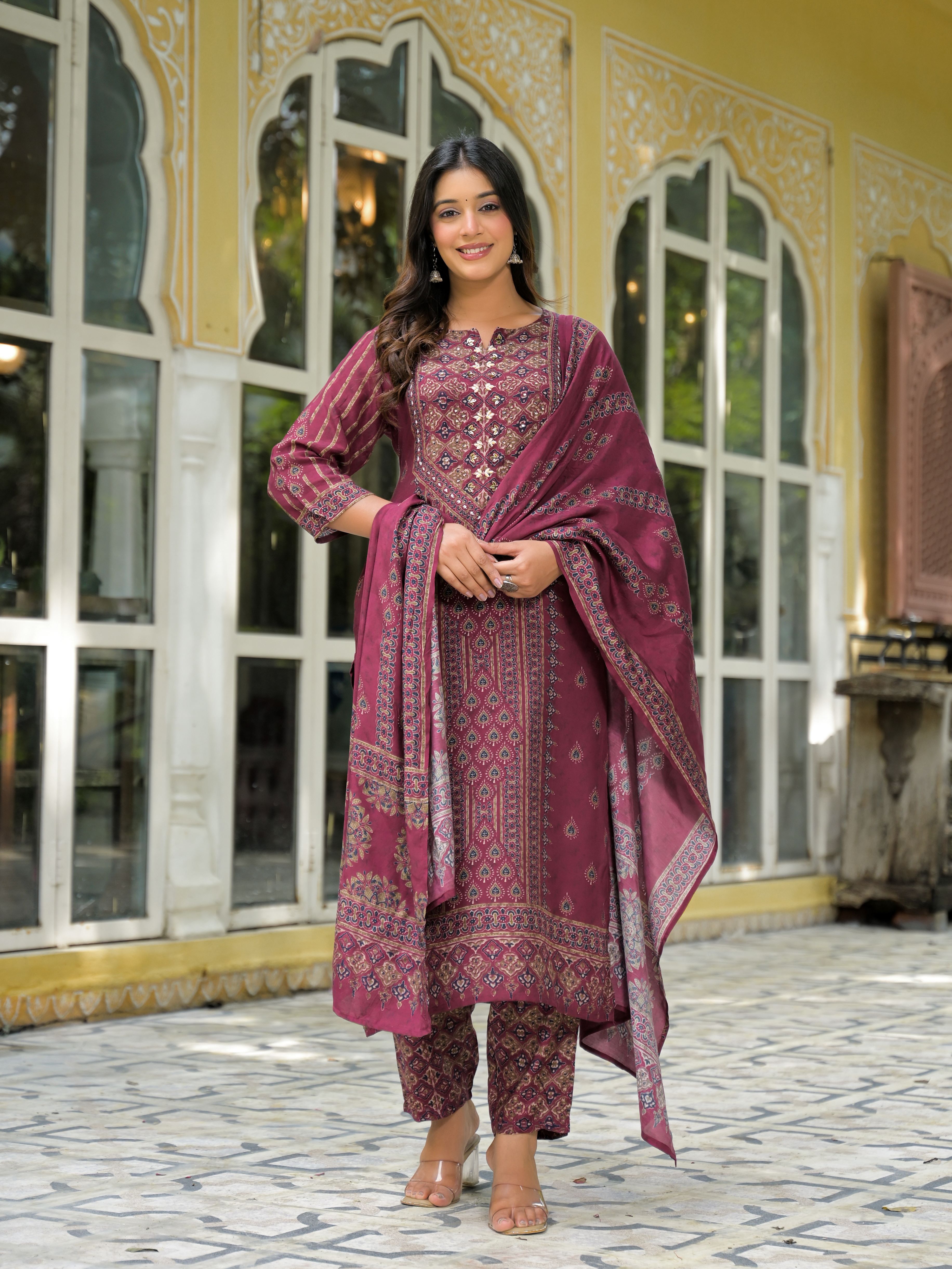 Ethnic Motifs Printed Notch Neck Sequinned Work Muslin Kurta With Trousers & Dupatta