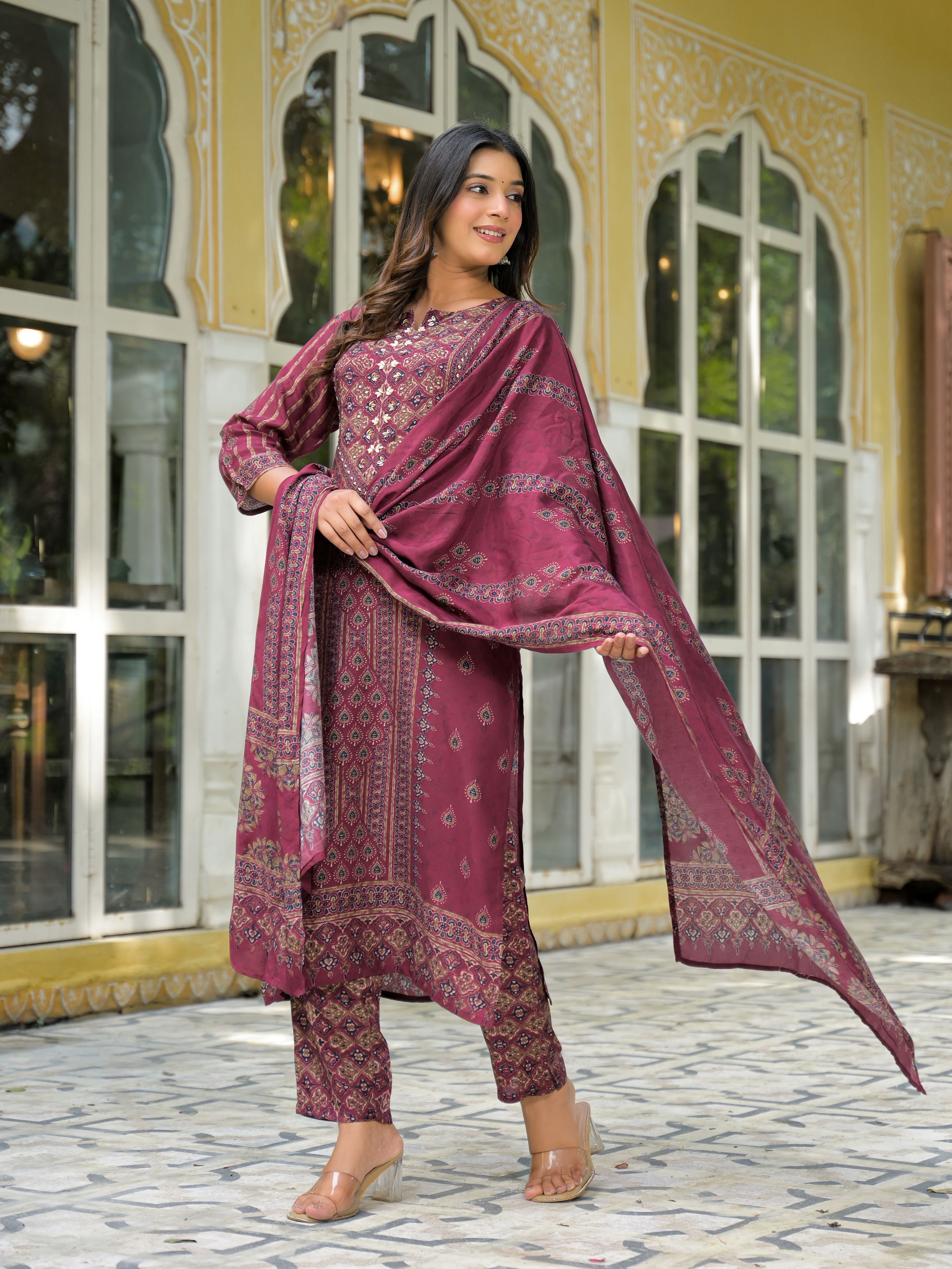 Ethnic Motifs Printed Notch Neck Sequinned Work Muslin Kurta With Trousers & Dupatta