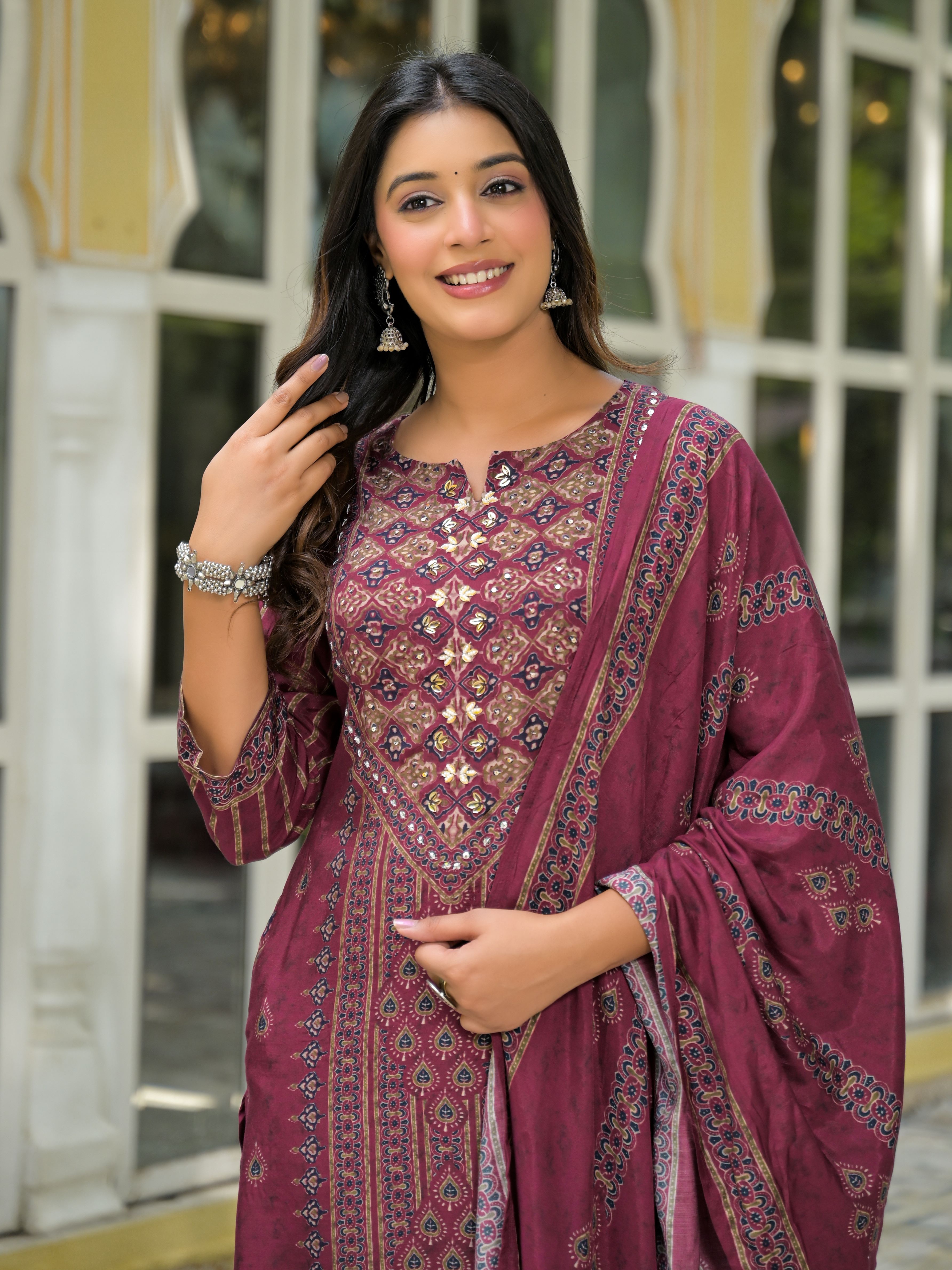 Ethnic Motifs Printed Notch Neck Sequinned Work Muslin Kurta With Trousers & Dupatta