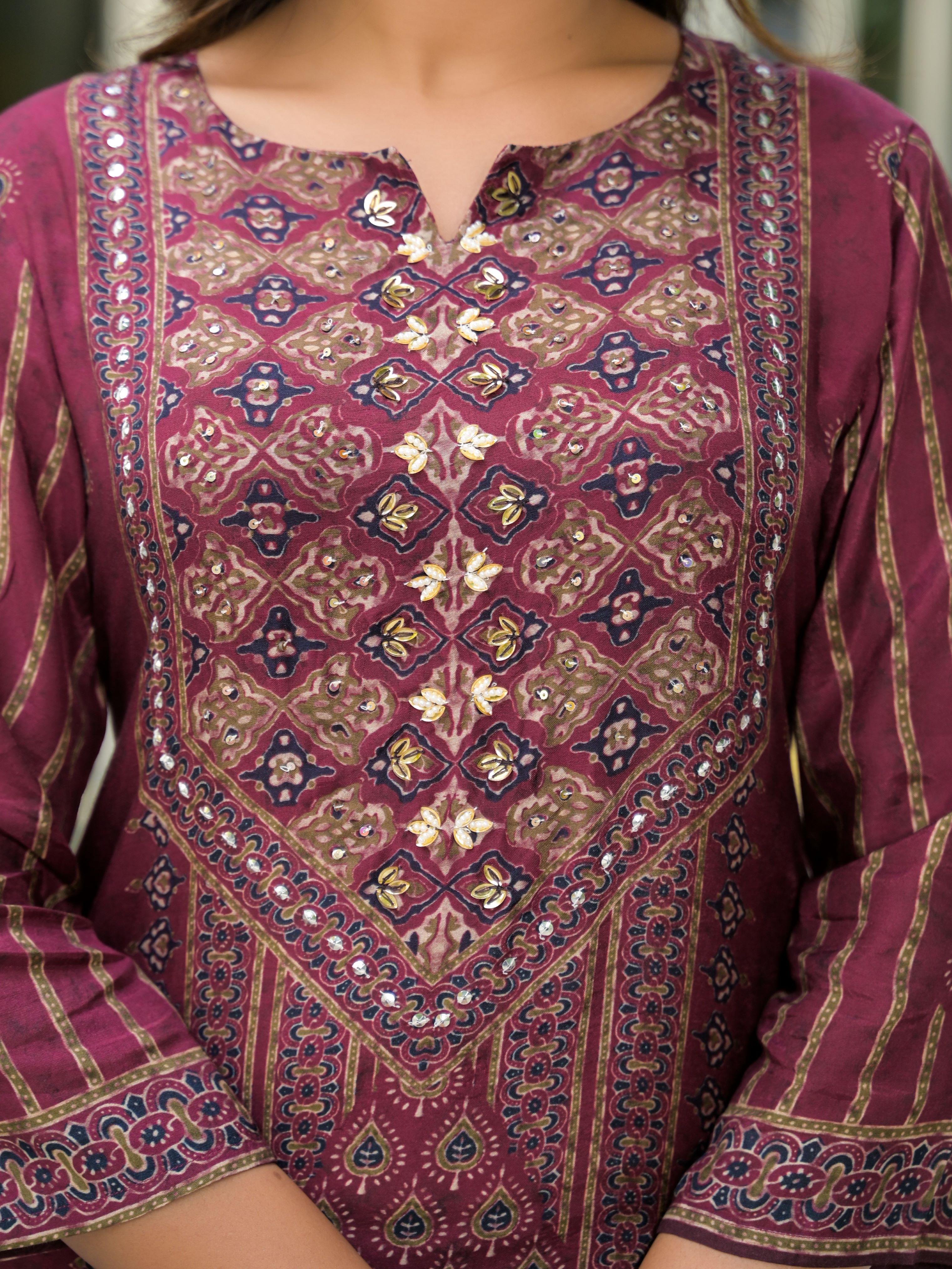 Ethnic Motifs Printed Notch Neck Sequinned Work Muslin Kurta With Trousers & Dupatta