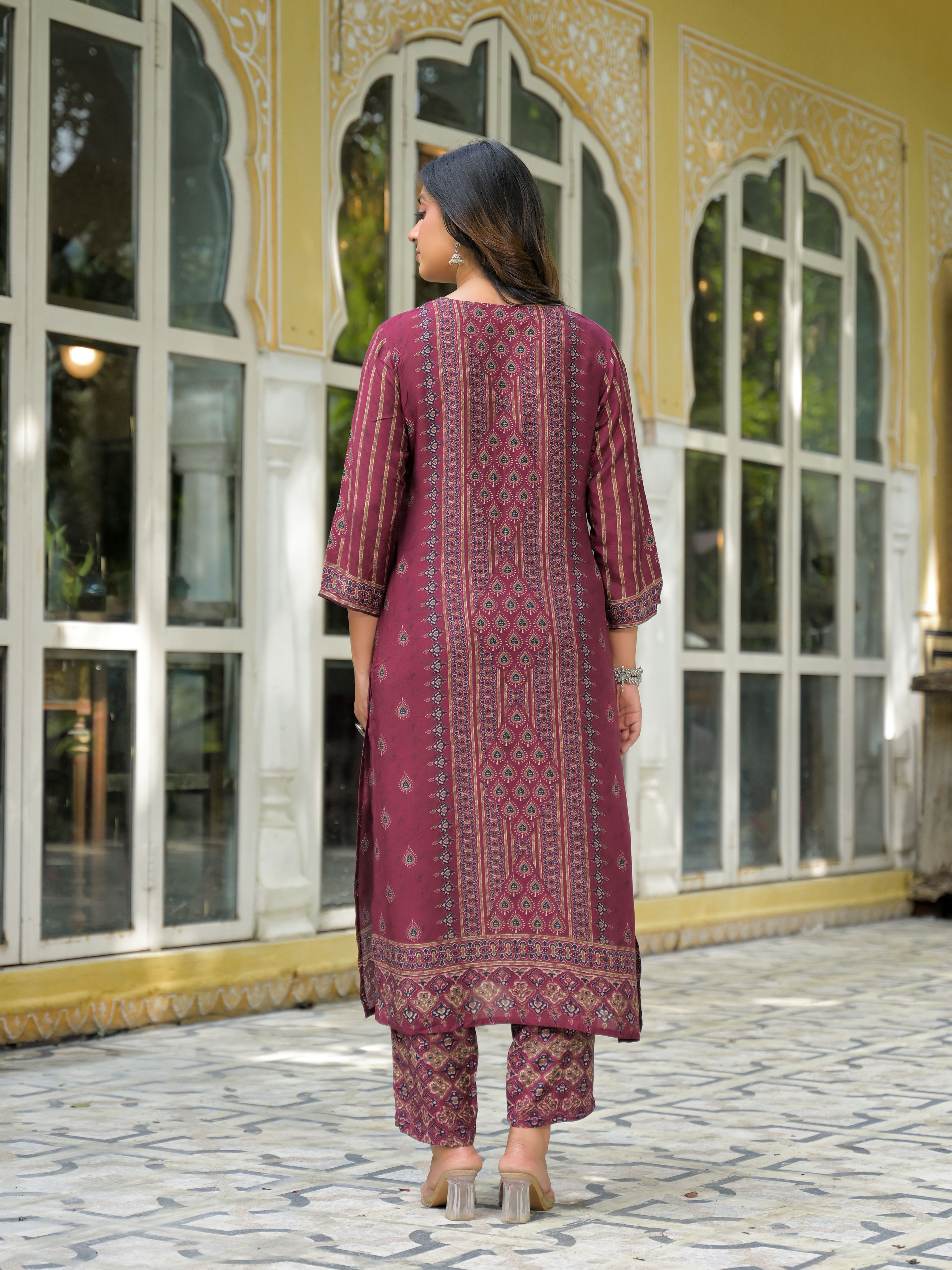 Ethnic Motifs Printed Notch Neck Sequinned Work Muslin Kurta With Trousers & Dupatta