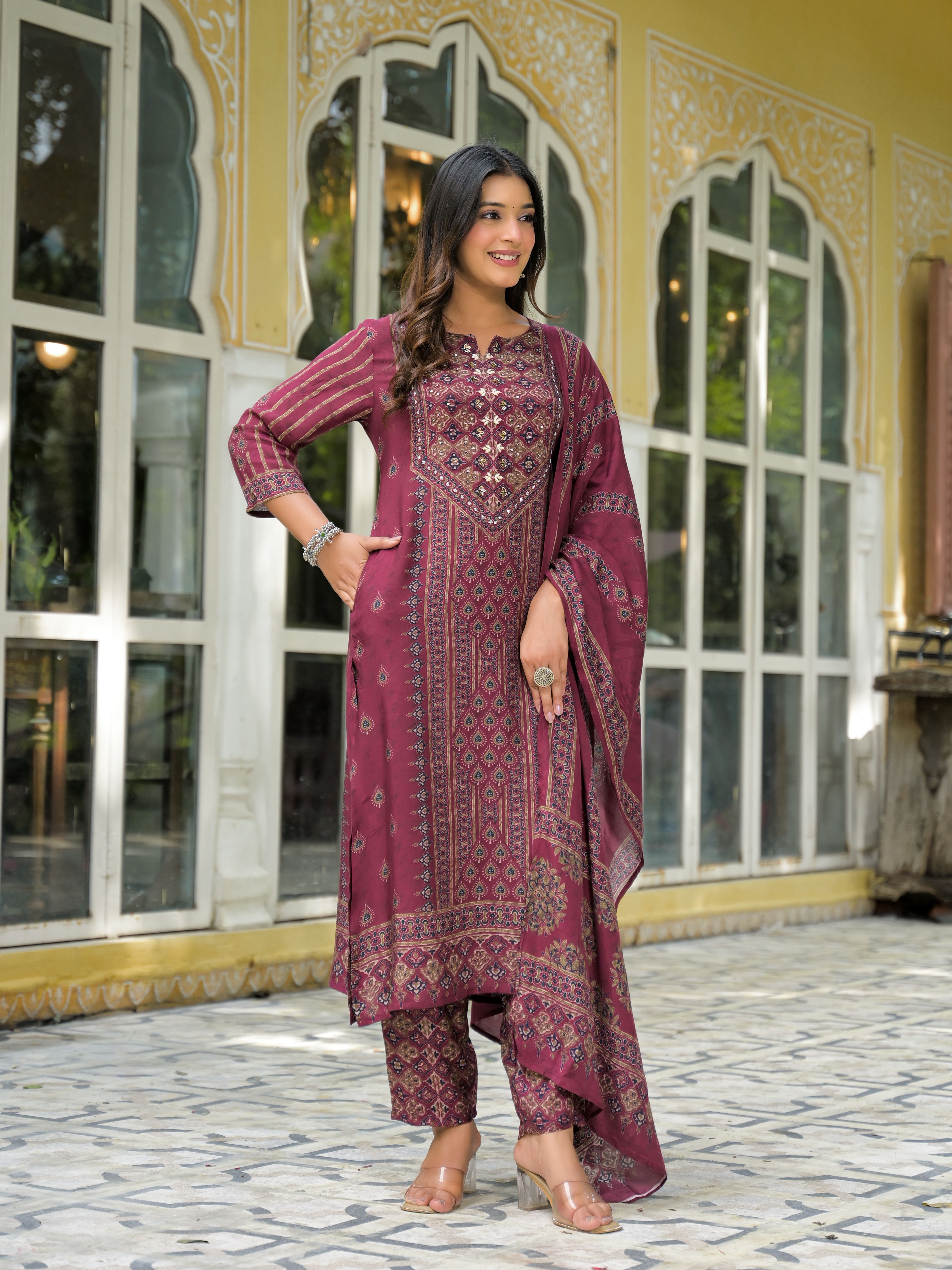Ethnic Motifs Printed Notch Neck Sequinned Work Muslin Kurta With Trousers & Dupatta