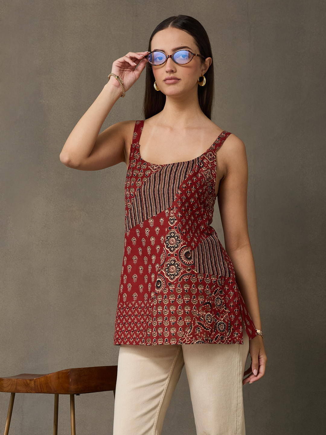 VASVI Women's Maroon Printed Cotton Casual Top
