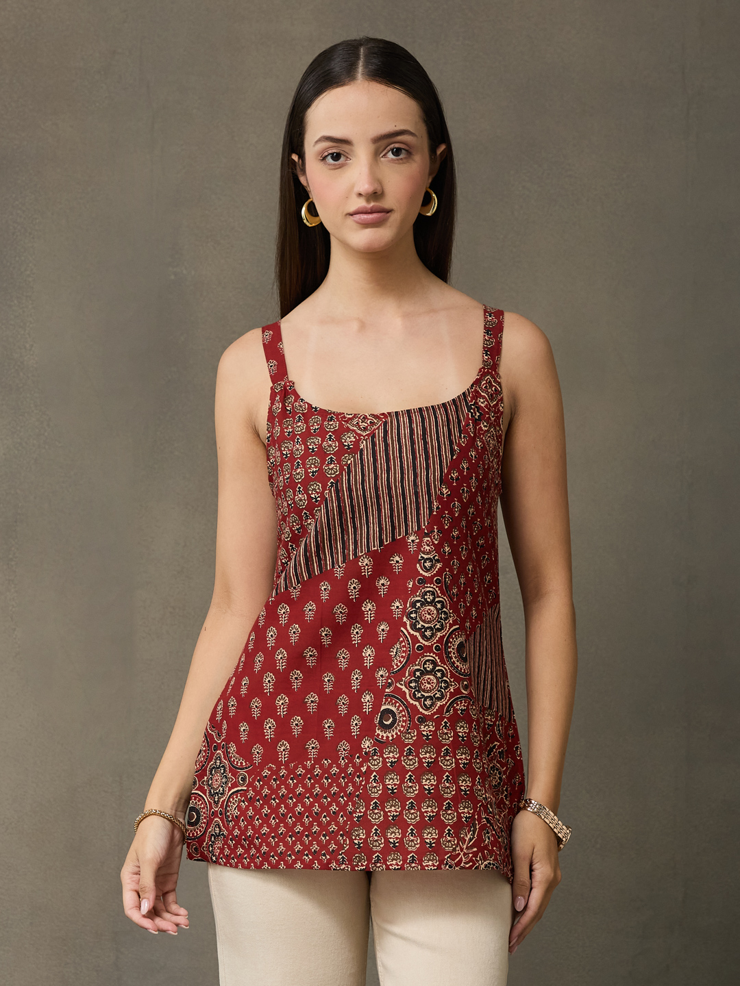 VASVI Women's Maroon Printed Cotton Casual Top