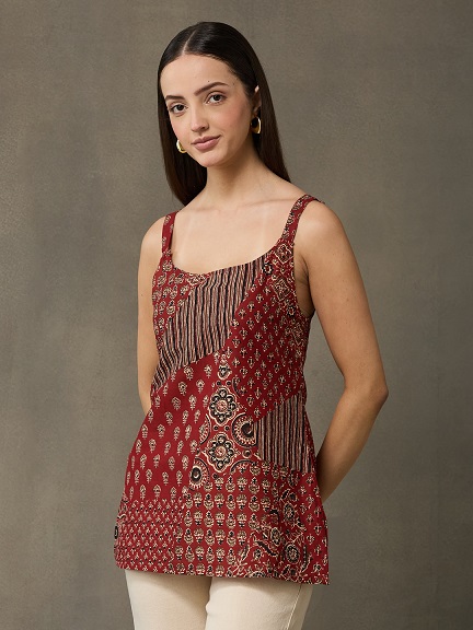 VASVI Women's Maroon Printed Cotton Casual Top