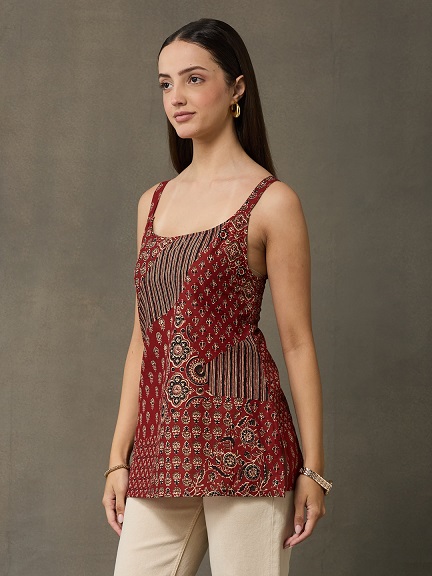 VASVI Women's Maroon Printed Cotton Casual Top