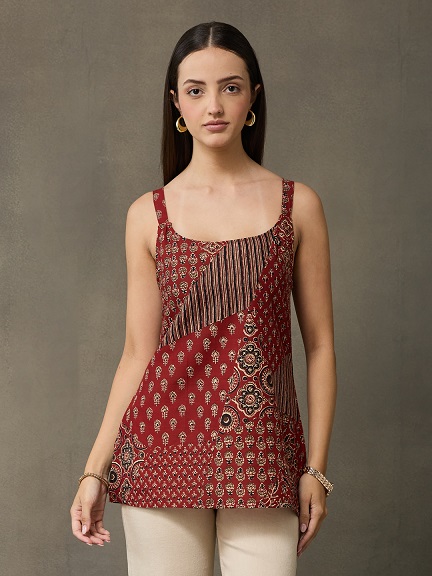 VASVI Women's Maroon Printed Cotton Casual Top